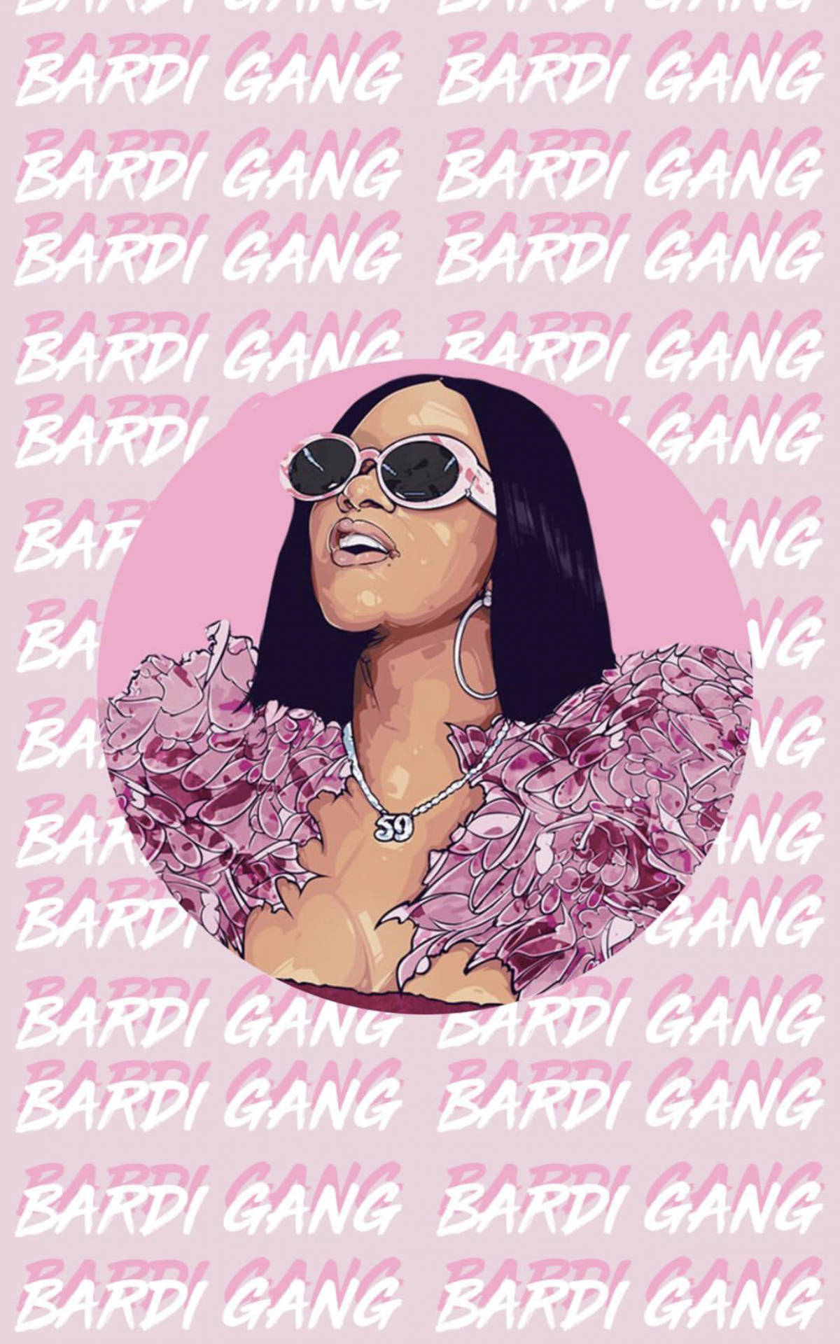 cardi 桌布 壁紙 — 一個風格化的插圖，描繪一位戴太陽眼鏡、穿花卉上衣的女性，背景是粉紅色，重複著「BARDI GANG」文字。