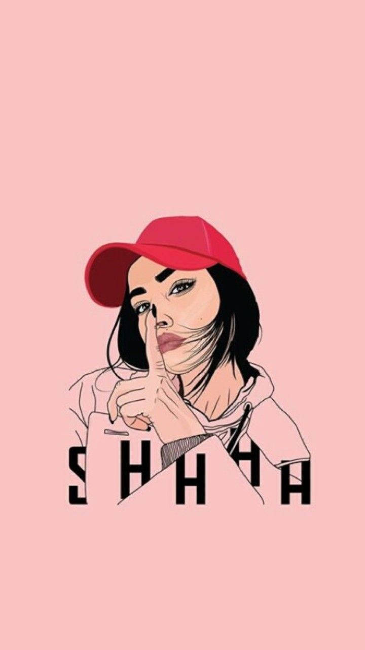 iPhone 11 桌布 壁紙 — 一個風格化的插圖，描繪一位戴紅色帽子的女士將手指放在嘴唇上，背景是柔和的粉紅色，並有粗體黑色「SHHH」文字。
