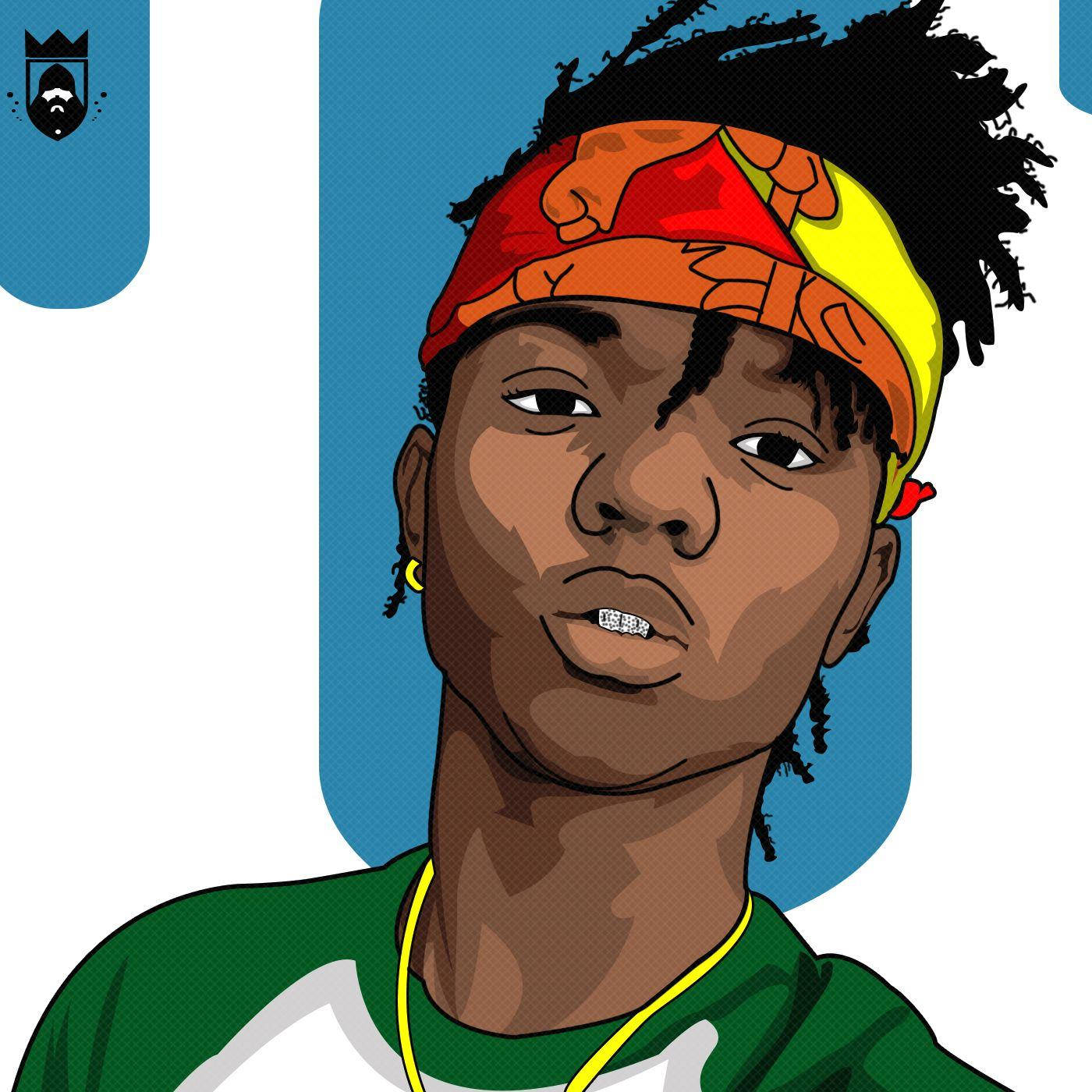 Swae Lee 桌布 壁紙 — 一個風格化的插圖，描繪一位戴著彩色頭巾和牙套的年輕男子，背景為藍色和白色。