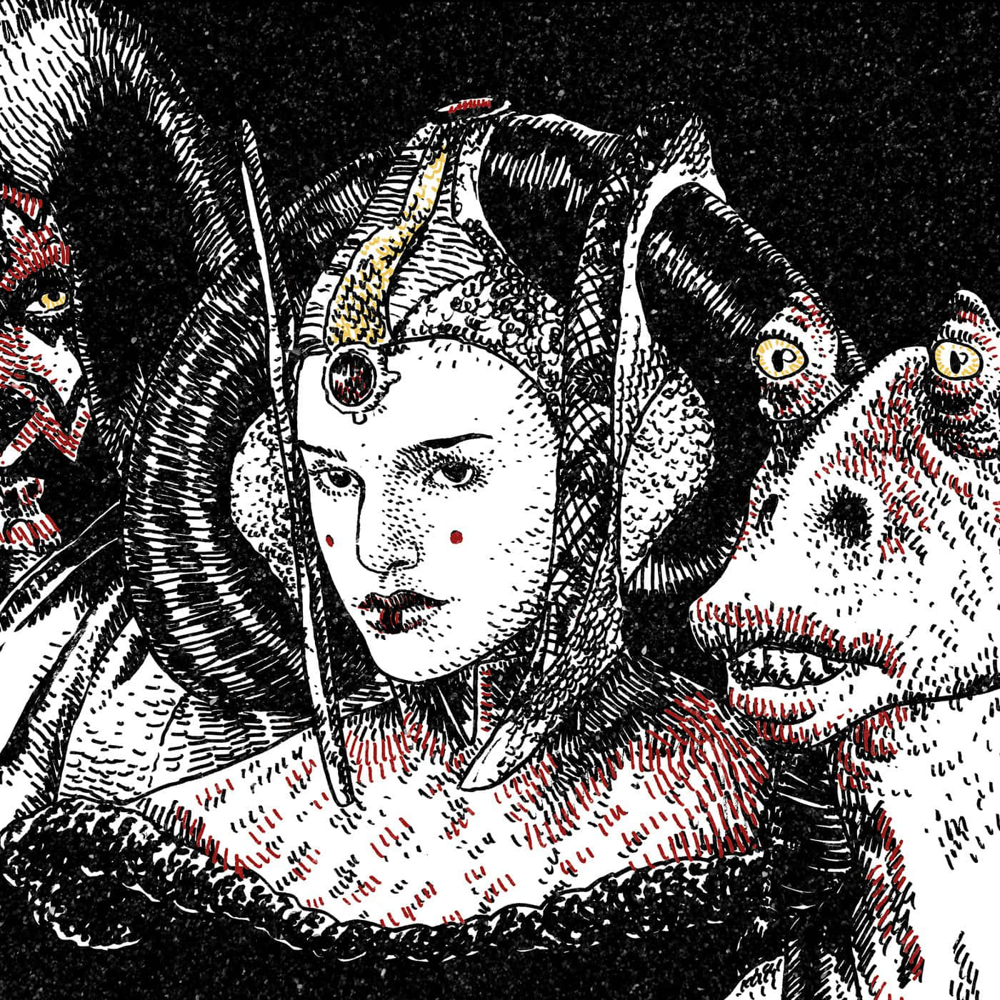 The Phantom Menace 桌布 壁紙 — 一個風格化的插圖，描繪一位戴著華麗頭飾的女性，兩側有兩隻眼睛發光的怪獸。