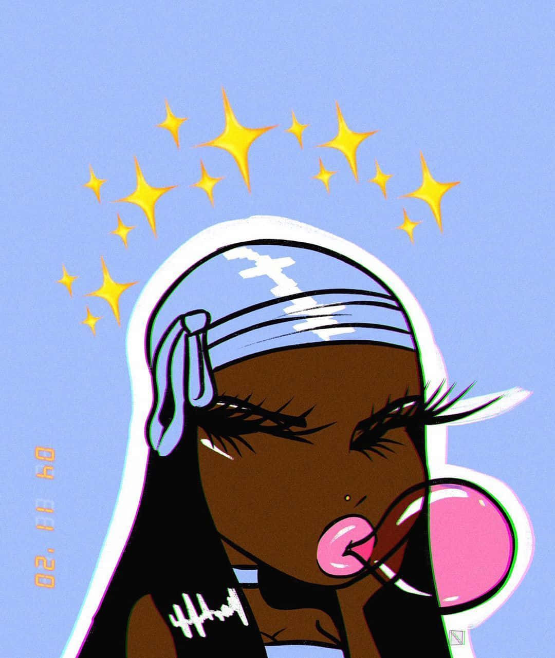 black cartoon girl 桌布 壁紙 — 一個風格化的插圖，描繪一位戴著藍色頭巾的年輕女性，在柔和的藍色背景上吹著一個被金色星星包圍的粉紅色泡泡。