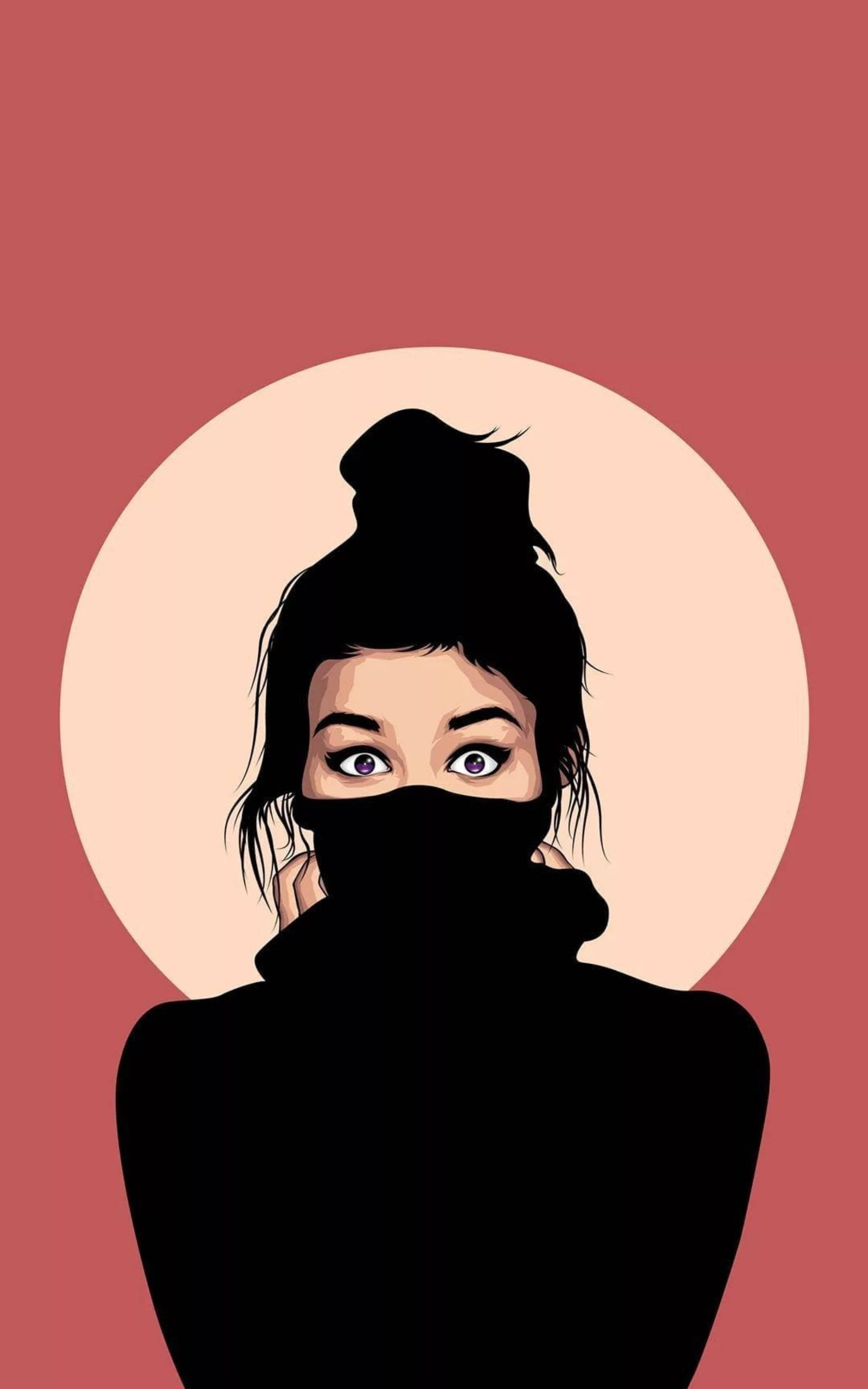 Single Girl 桌布 壁紙 — 一個風格化的插圖，描繪一位戴著黑色面罩、紫色眼睛的女性，背景是圓形米色光環和塵土玫瑰色背景。
