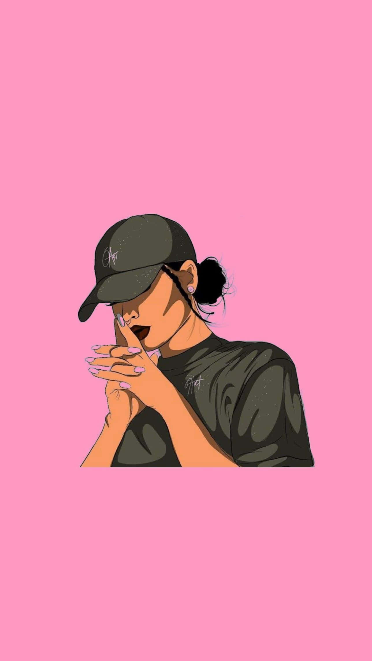 桌布 壁紙 — 一個風格化的插圖，描繪一位戴黑色帽子和穿黑色襯衫的女性，在純粉紅色背景上做出噤聲手勢。
