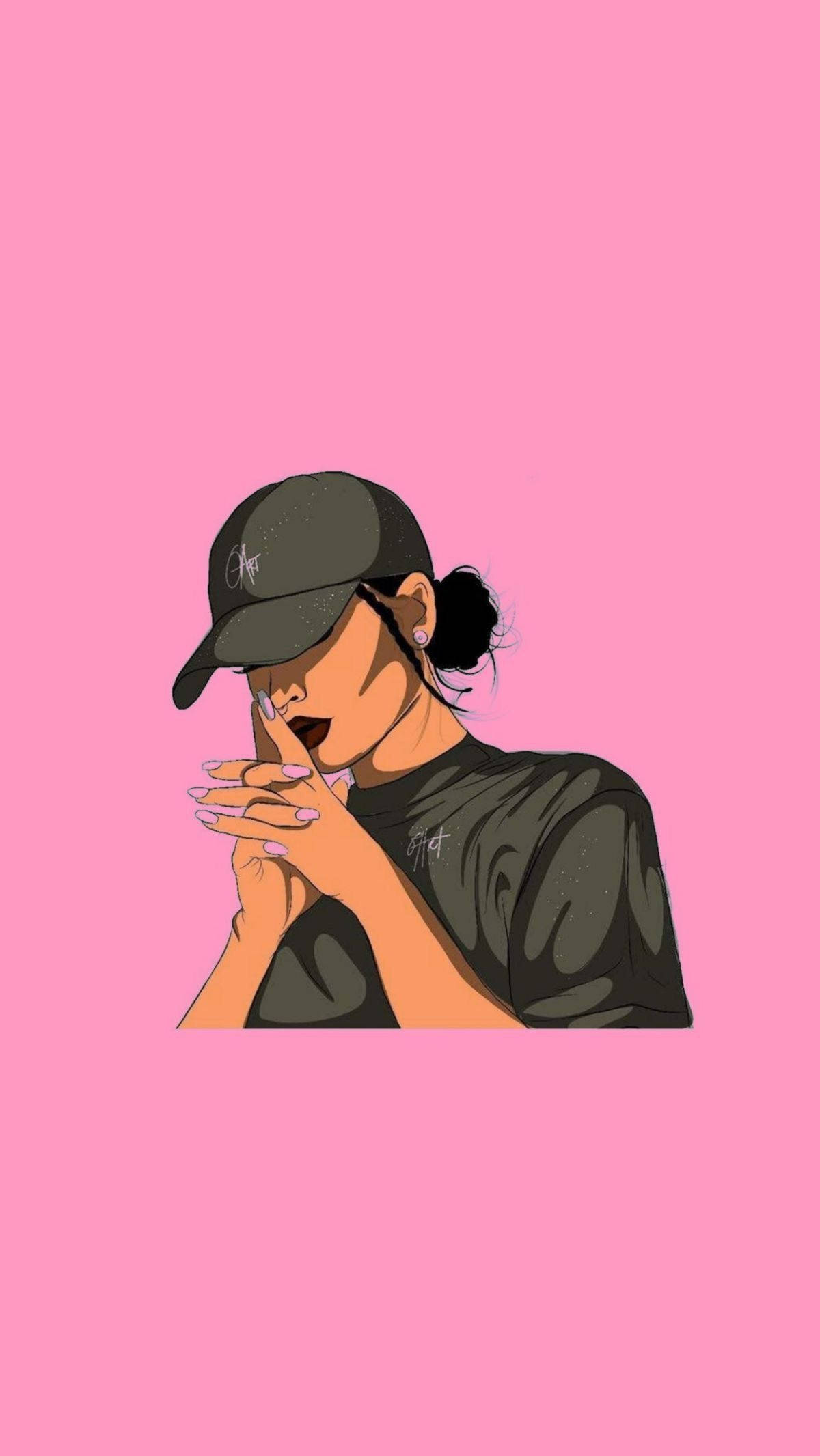 女孩 桌布 壁紙 — 一個風格化的插圖，描繪一位戴黑色帽子和穿黑色襯衫的女性，在純粉色背景前做出噤聲手勢。