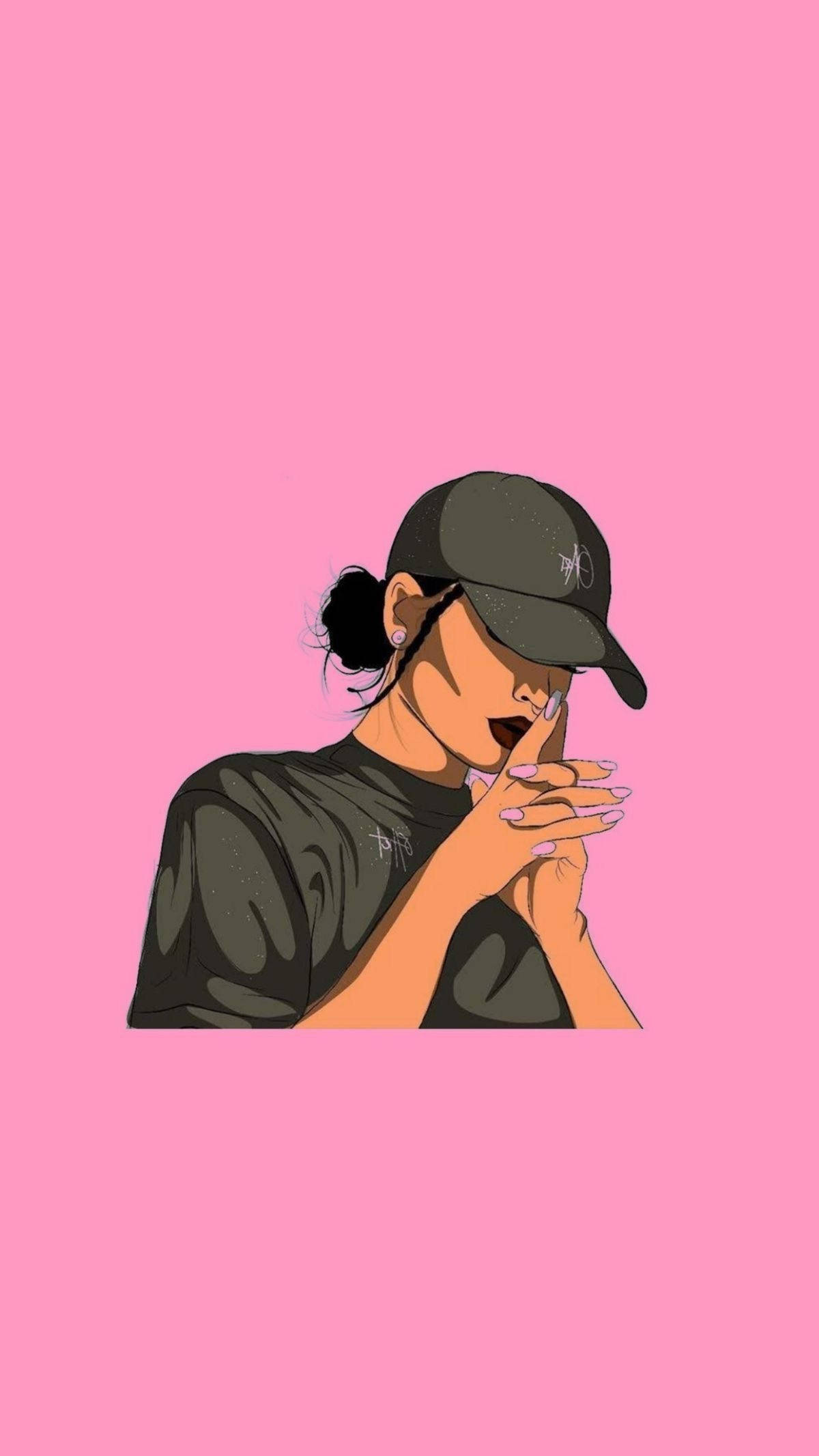 高清 桌布 壁紙 — 一個風格化的插圖，描繪一位戴黑色帽子和穿黑色襯衫的年輕女性，背景為純粉紅色。