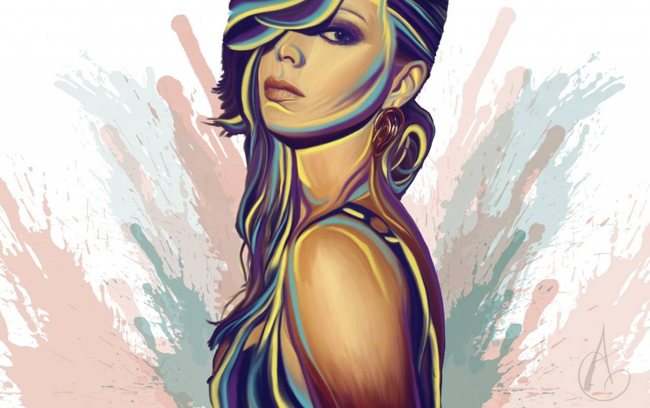 Deco 桌布 壁紙 — 一個風格化的插圖，描繪一位擁有流動彩虹髮型和醒目化妝的女性，背景是飛濺的粉彩。