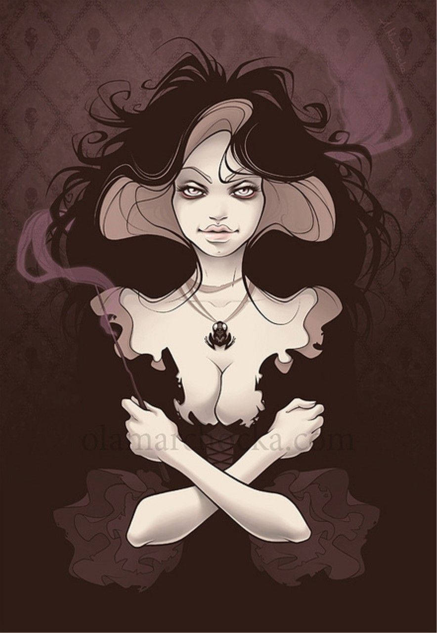 Bellatrix 桌布 壁紙 — 一個風格化的插圖，描繪一位擁有狂野深色頭髮和蒼白皮膚的女性，在帶有圖案的紫色背景前拿著一支冒煙的香煙。
