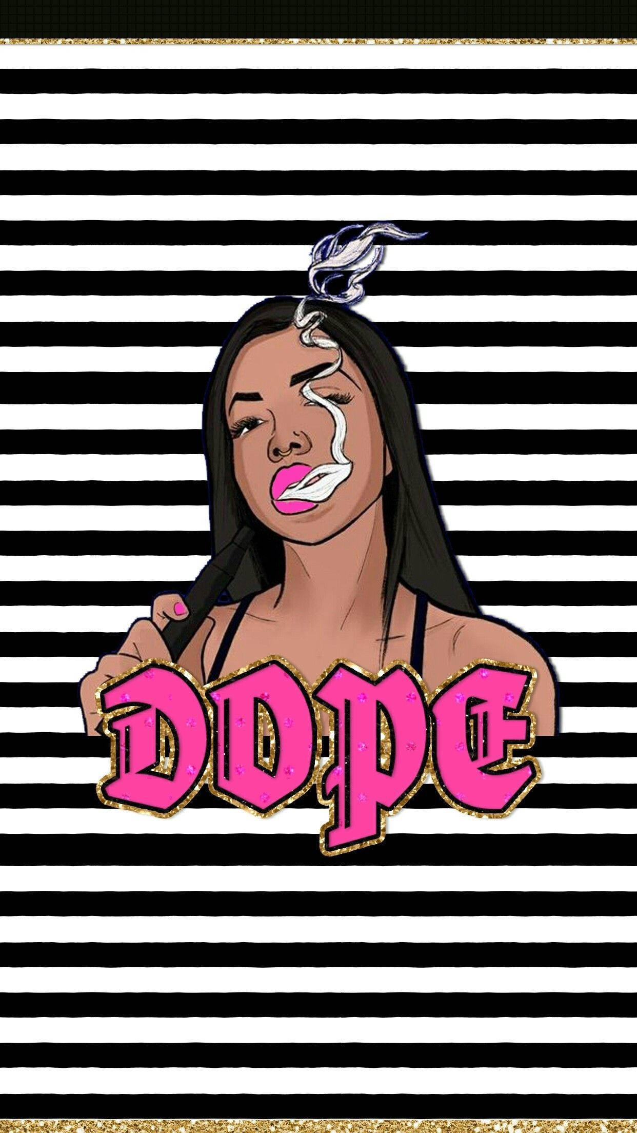 Dope Gangster 桌布 壁紙 — 一個風格化的插圖，描繪一位擁有粉紅嘴唇的女性呼出煙霧，背景是鮮明的黑白條紋和閃亮的粉紅色「DOPE」文字。
