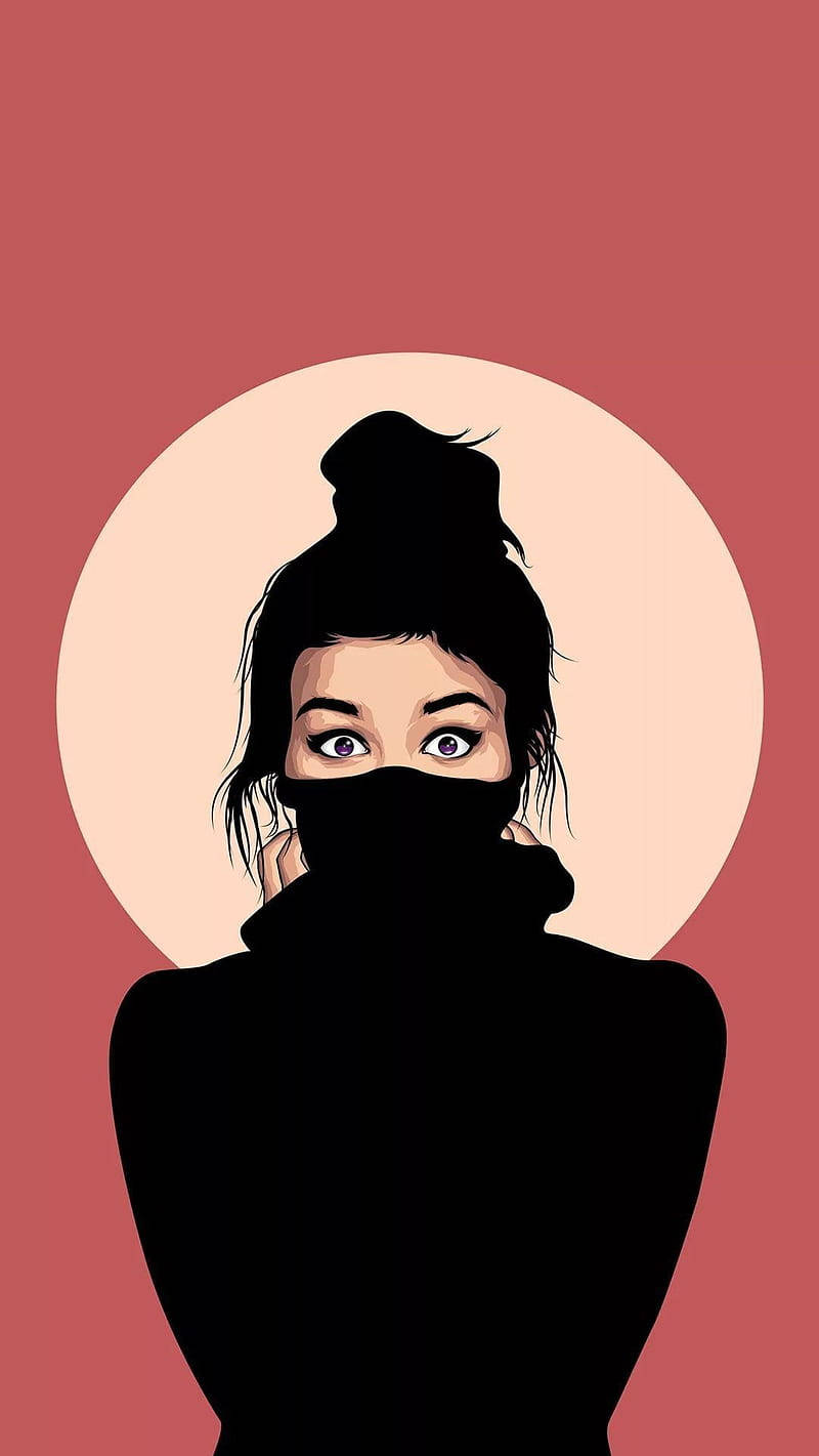 phone girl 桌布 壁紙 — 一個風格化的插圖，描繪一位擁有紫色眼睛、戴著黑色口罩遮住嘴巴和脖子的女性，背景為柔和的紅色。