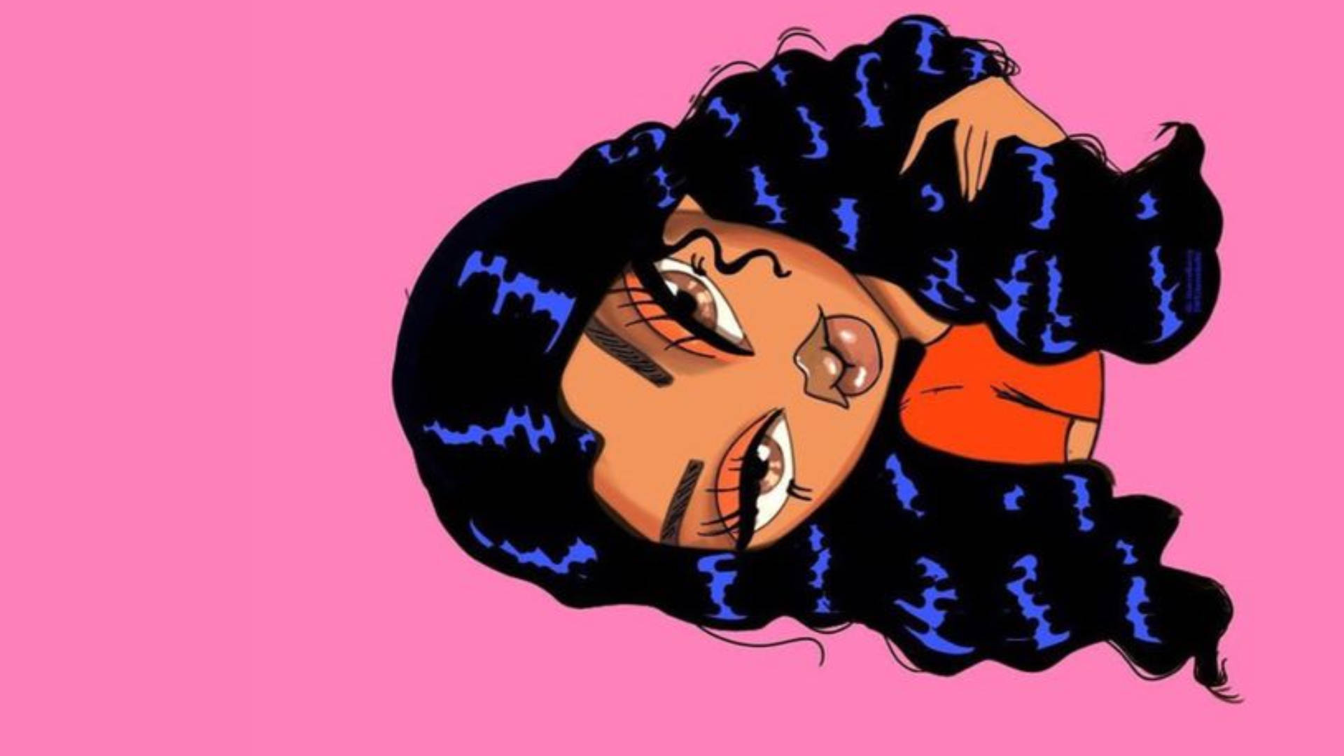 black cartoon girl 桌布 壁紙 — 一個風格化的插圖，描繪一位擁有豐盈黑色頭髮並帶有藍色挑染的女性，穿著橙色上衣，背景是鮮豔的粉紅色。