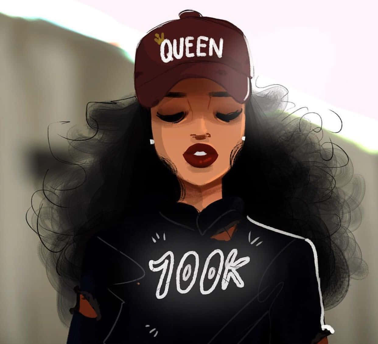 黑色 桌布 壁紙 — 一個風格化的插圖，描繪一位擁有豐盈深色頭髮的女性，戴著「QUEEN」帽子，穿著寫有「TOOK」的連帽衫。