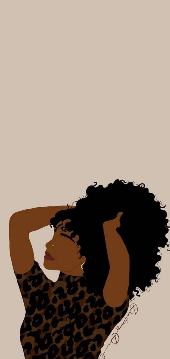 Beautiful Woman 桌布 壁紙 — 一個風格化的插圖，描繪一位擁有豐盈捲髮的女性在米色背景前調整她的豹紋上衣。