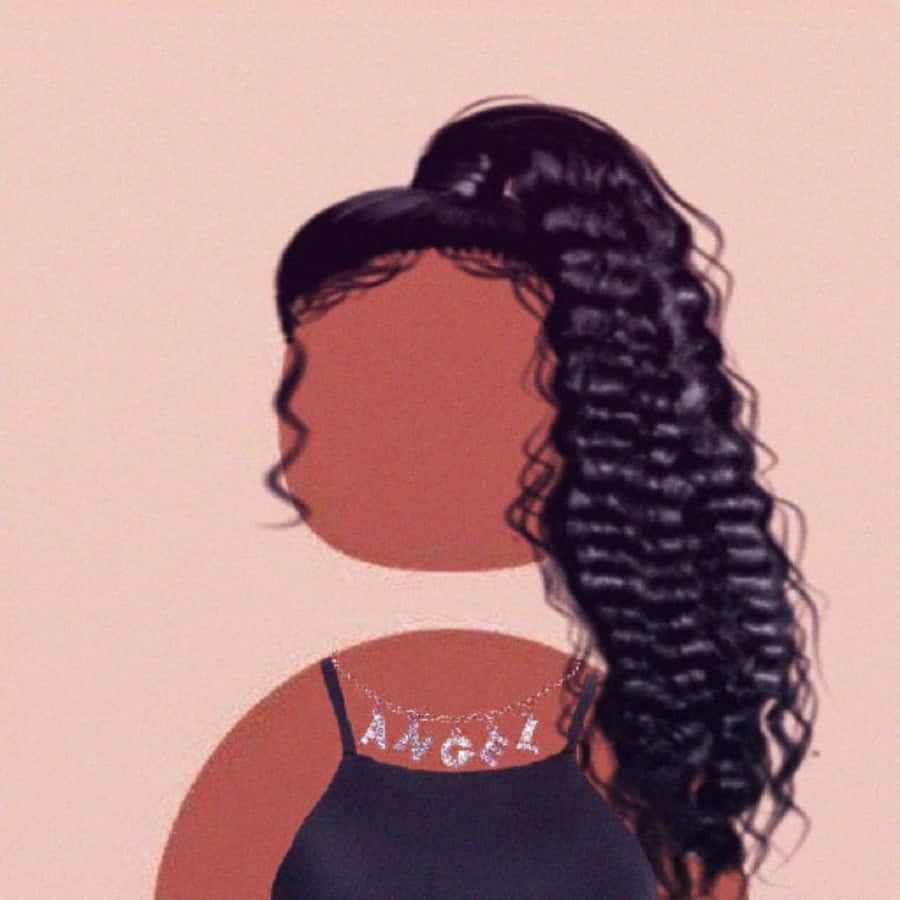 Baddie Profile 桌布 壁紙 — 一個風格化的插圖，描繪一位擁有豐盈捲髮和閃亮「ANGEL」項鍊的女性，背景為柔和的蜜桃色。