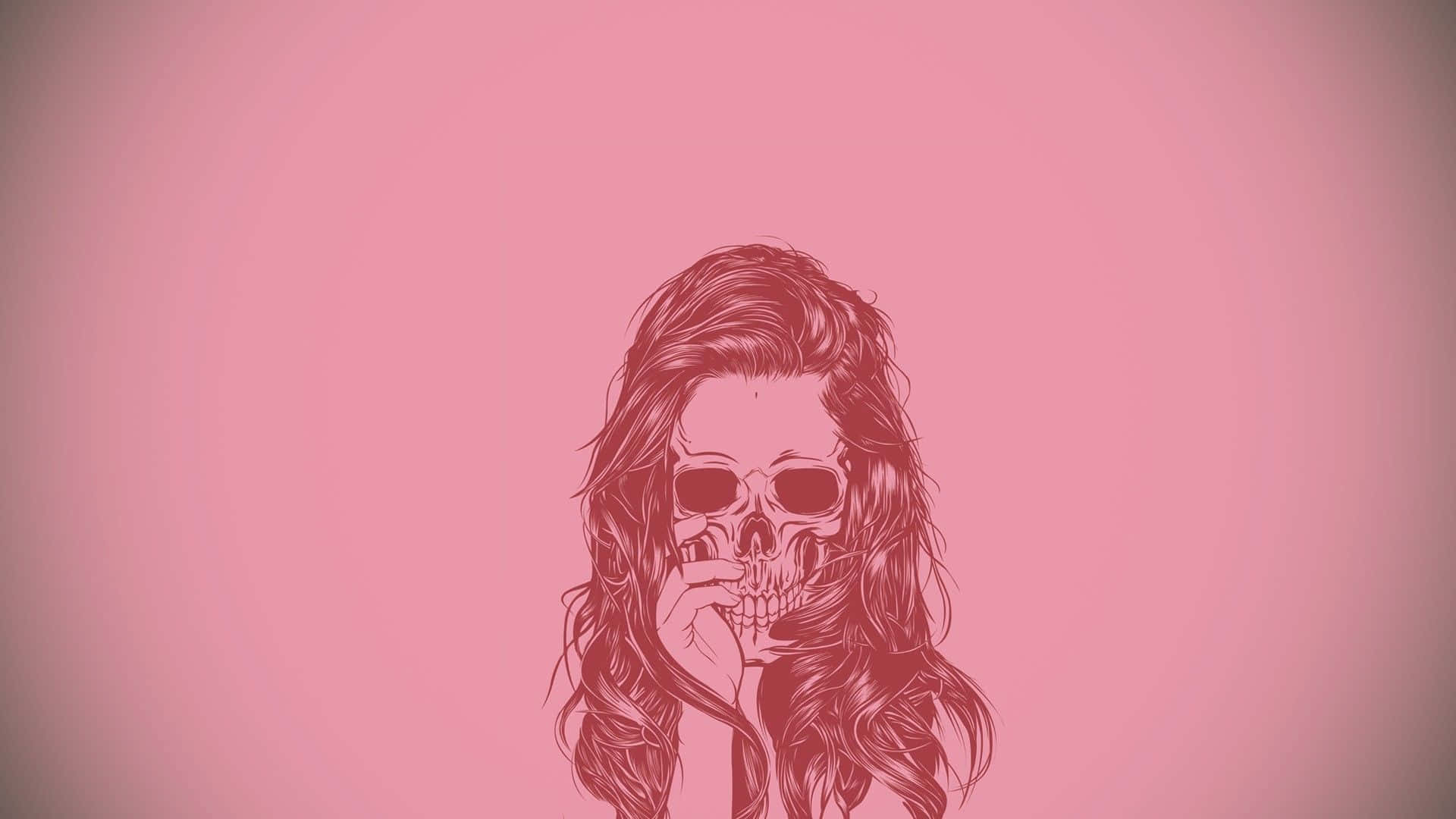 Girly Skull 桌布 壁紙 — 一個風格化的插圖，描繪一位擁有骷髏臉和長髮的女性，背景為純粉色。