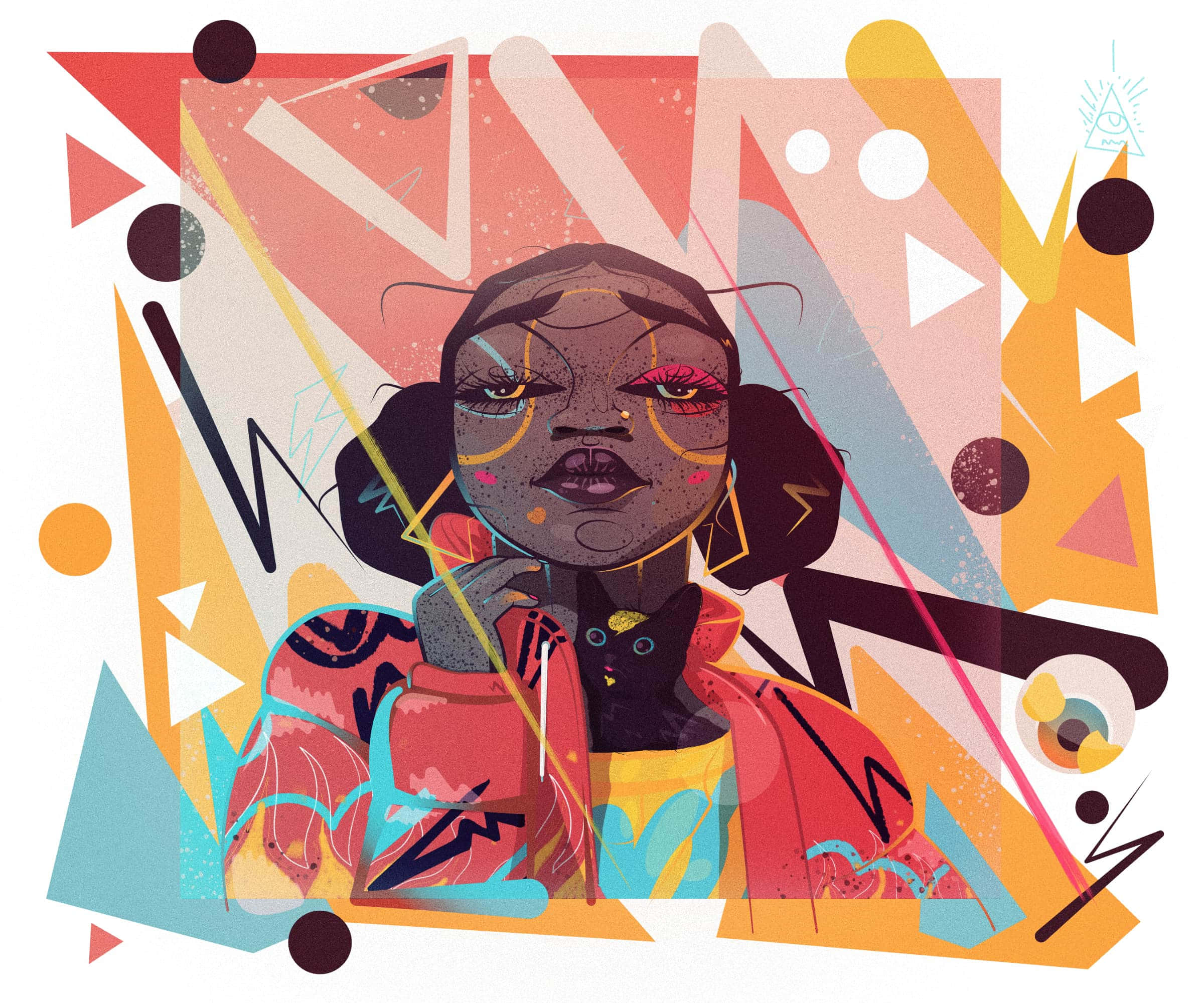 Illustration 桌布 壁紙 — 一個風格化的插圖，描繪一位擁有鮮豔妝容和幾何形狀環繞的女性。