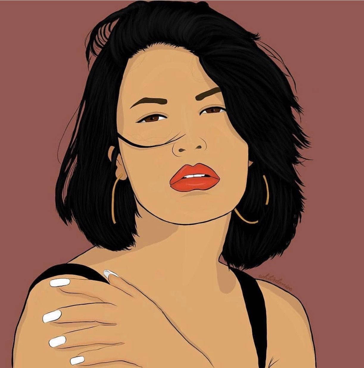 Selena Quintanilla 桌布 壁紙 — 一個風格化的插圖，描繪一位擁有黑色鮑伯頭和鮮豔紅唇的女性，背景為柔和的粉紅色。