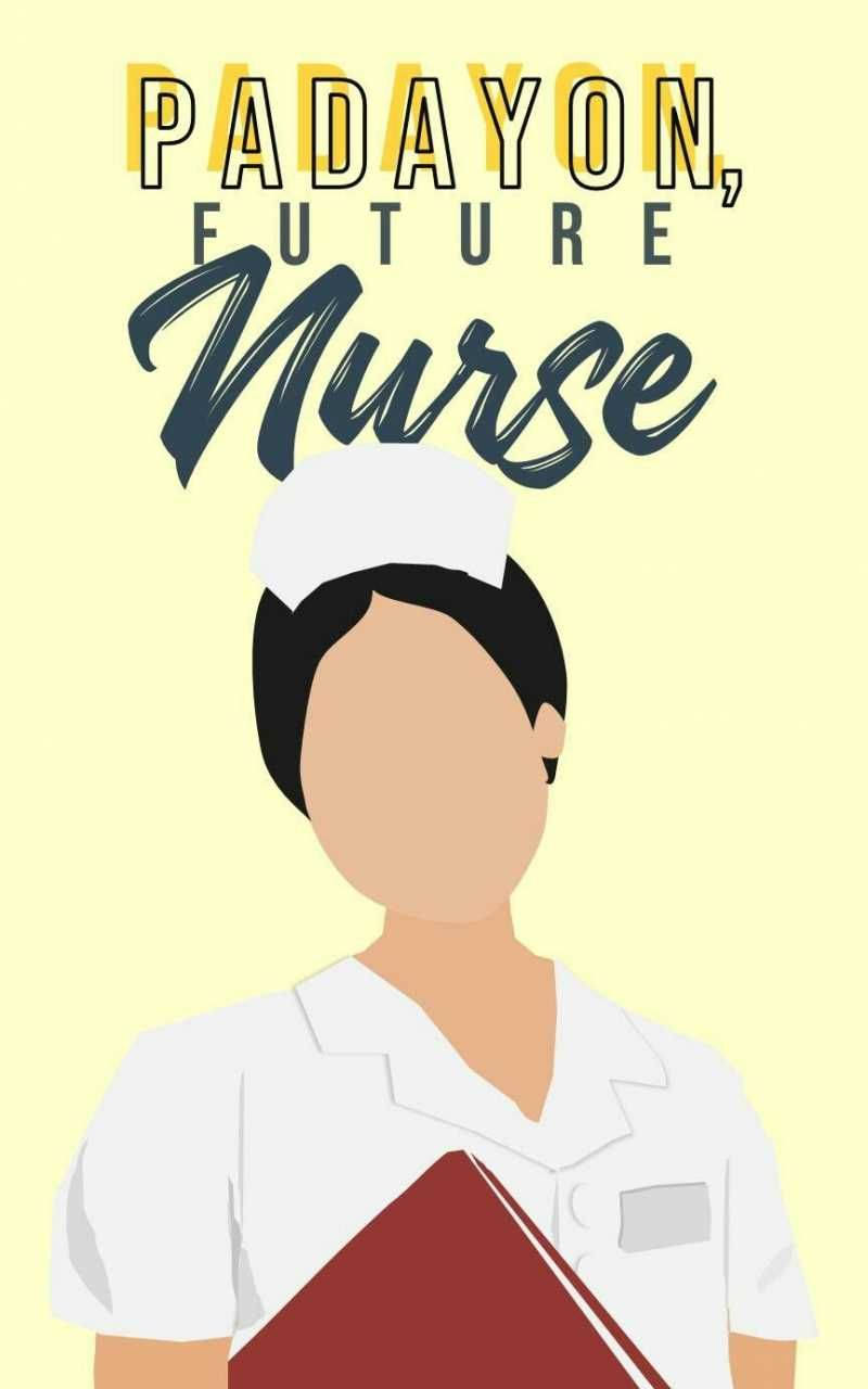 Nurse 桌布 壁紙 — 一個風格化的插圖，描繪一位未來護士穿著白色制服，手持紅色書籍，背景為淡黃色，並帶有粗體勵志文字。