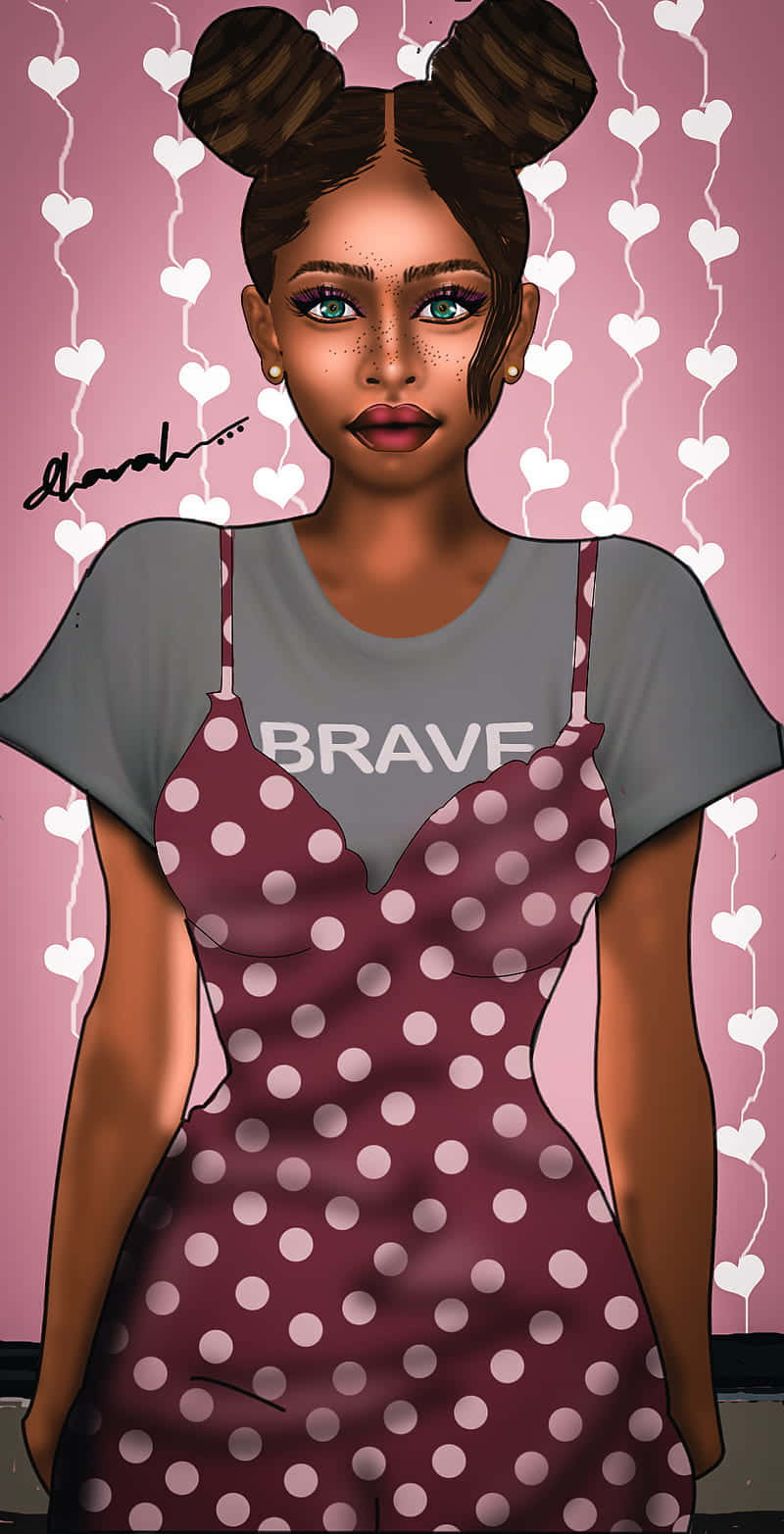 Cute Girly Girl 桌布 壁紙 — 一個風格化的插圖，描繪一位梳著辮子髮髻的女性，穿著波點連衣裙，內搭 'BRAVE' T恤，背景是粉紅色心形繩索。