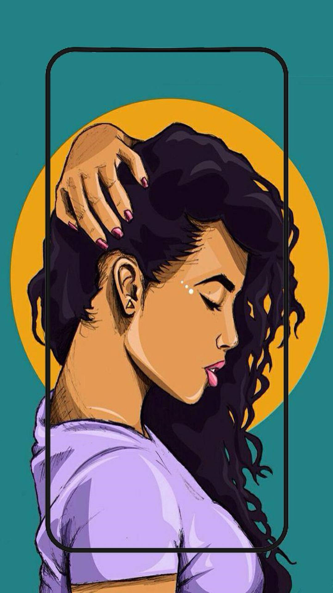 girls 桌布 壁紙 — 一個風格化的插圖，描繪一位深色捲髮的女性輕輕將頭靠在水鴨綠和黃色的圓形背景上。