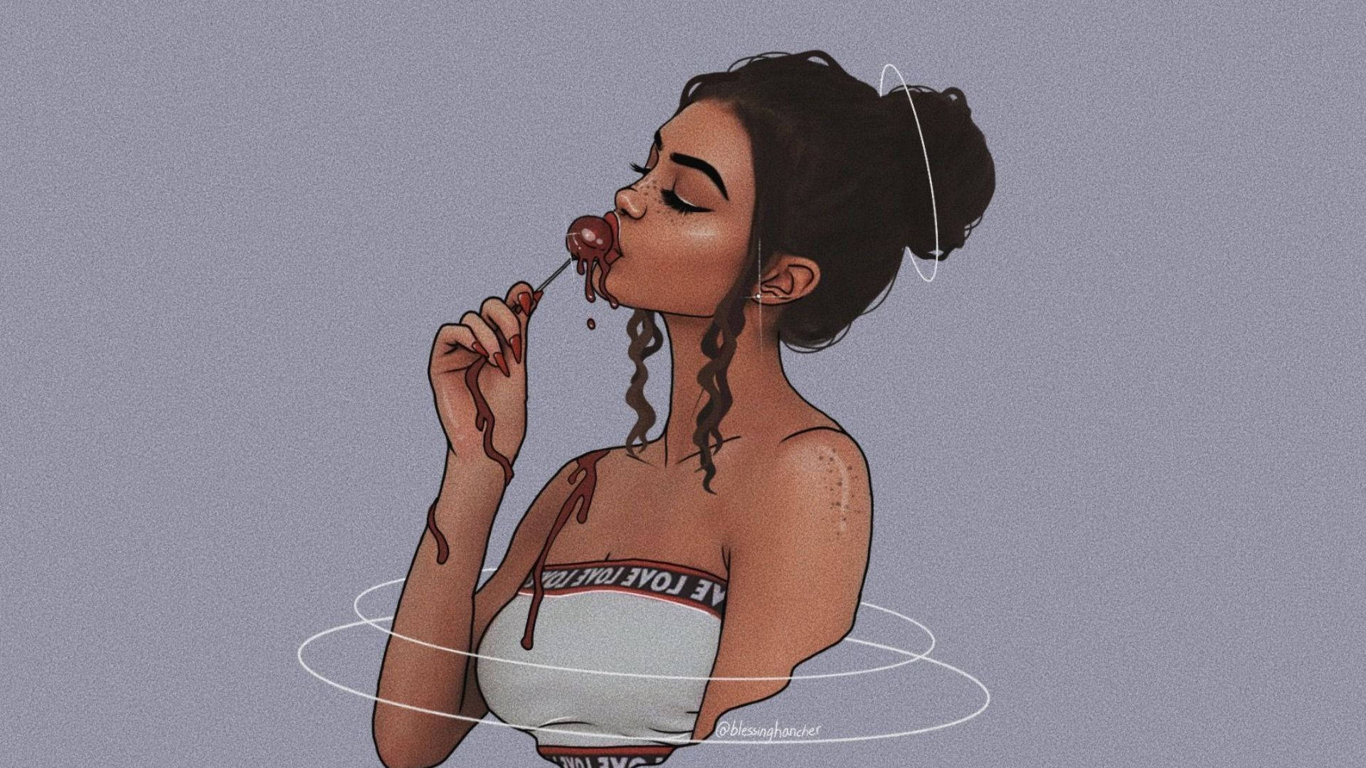 girls 桌布 壁紙 — 一個風格化的插圖，描繪一位深色頭髮盤成髮髻的女性，正在品嚐一支棒棒糖，巧克力滴順著她的手臂流下。