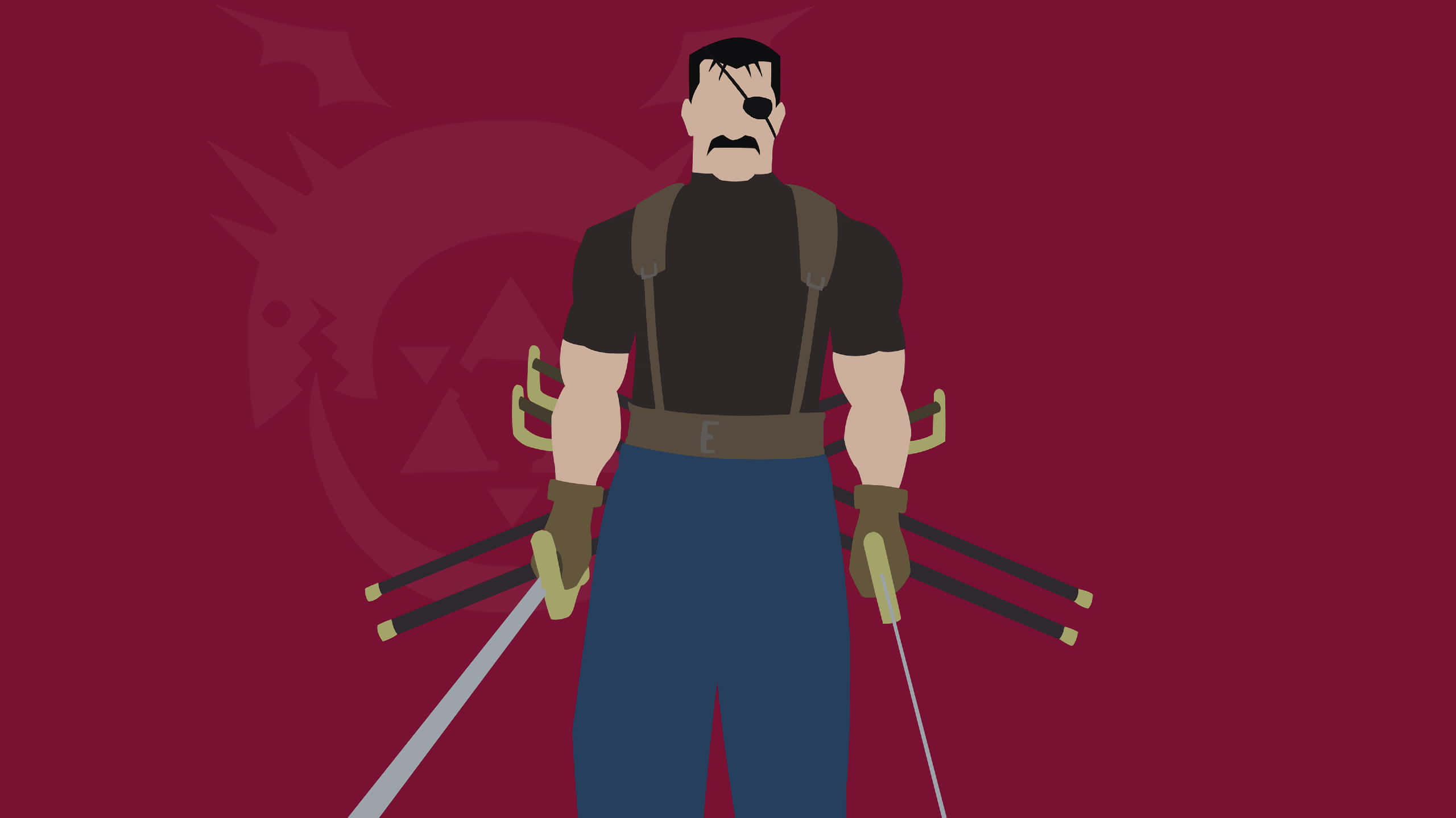 King Bradley 桌布 壁紙 — 一個風格化的插圖，描繪一位獨眼劍士身穿深色服裝，在深紅色背景前手持兩把劍。
