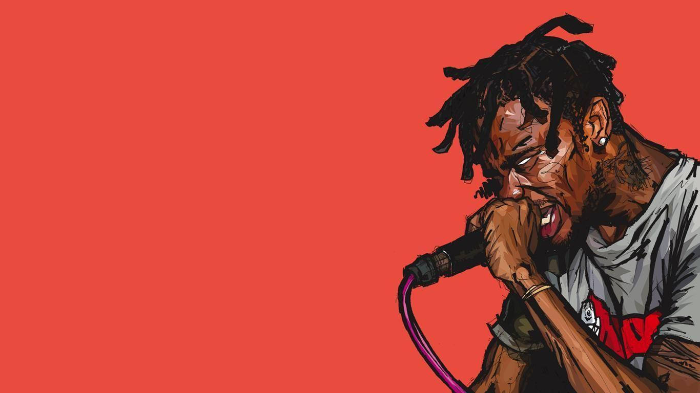 崔維斯·史考特 桌布 壁紙 — 一個風格化的插圖，描繪一位留著辮子的說唱歌手在純紅色背景前熱情地對著麥克風唱歌。