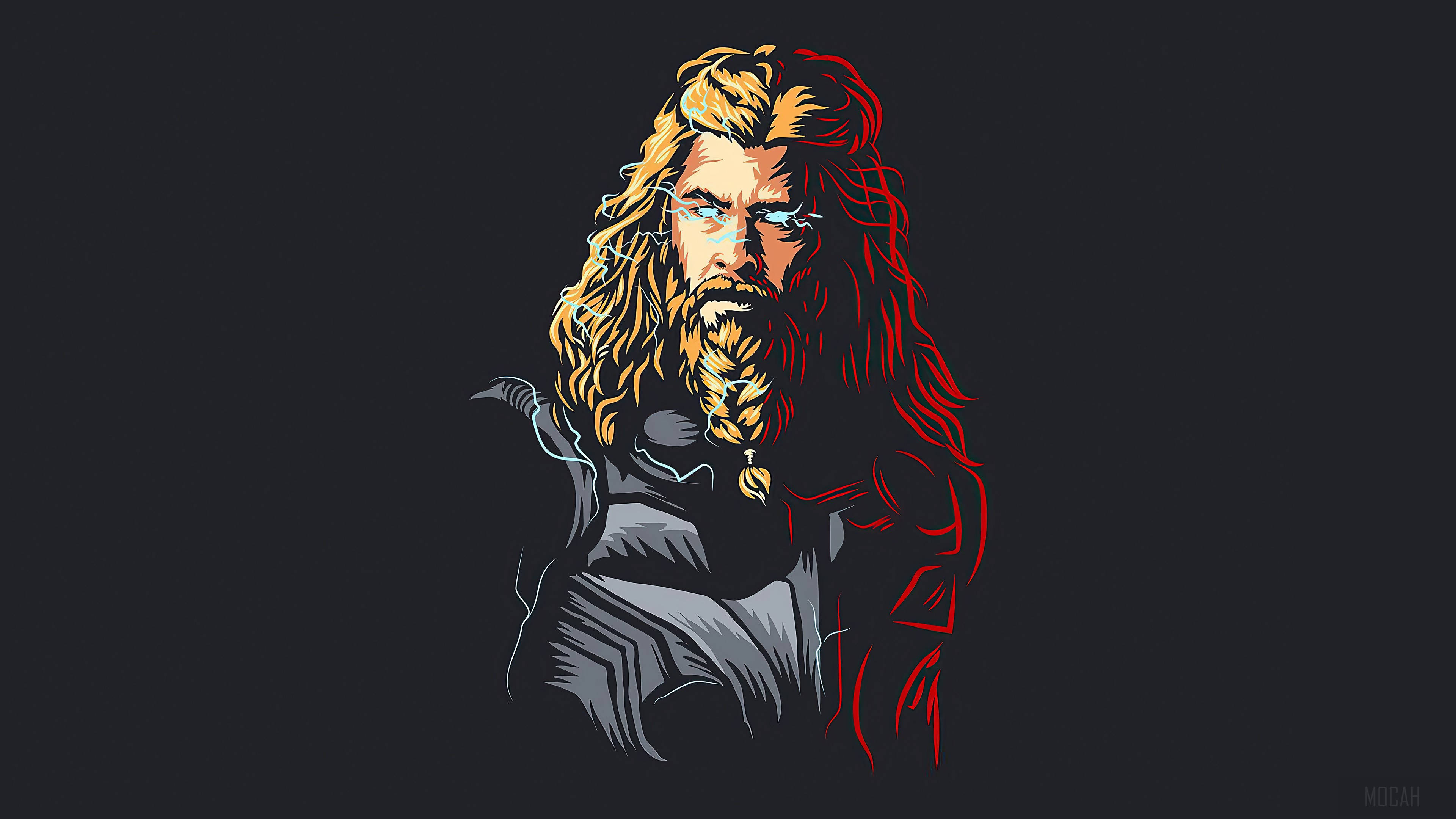 Marvel Minimalist 桌布 壁紙 — 一個風格化的插圖，描繪一位留著長髮、鬍鬚、眼睛發光的戰士，背景為深色。