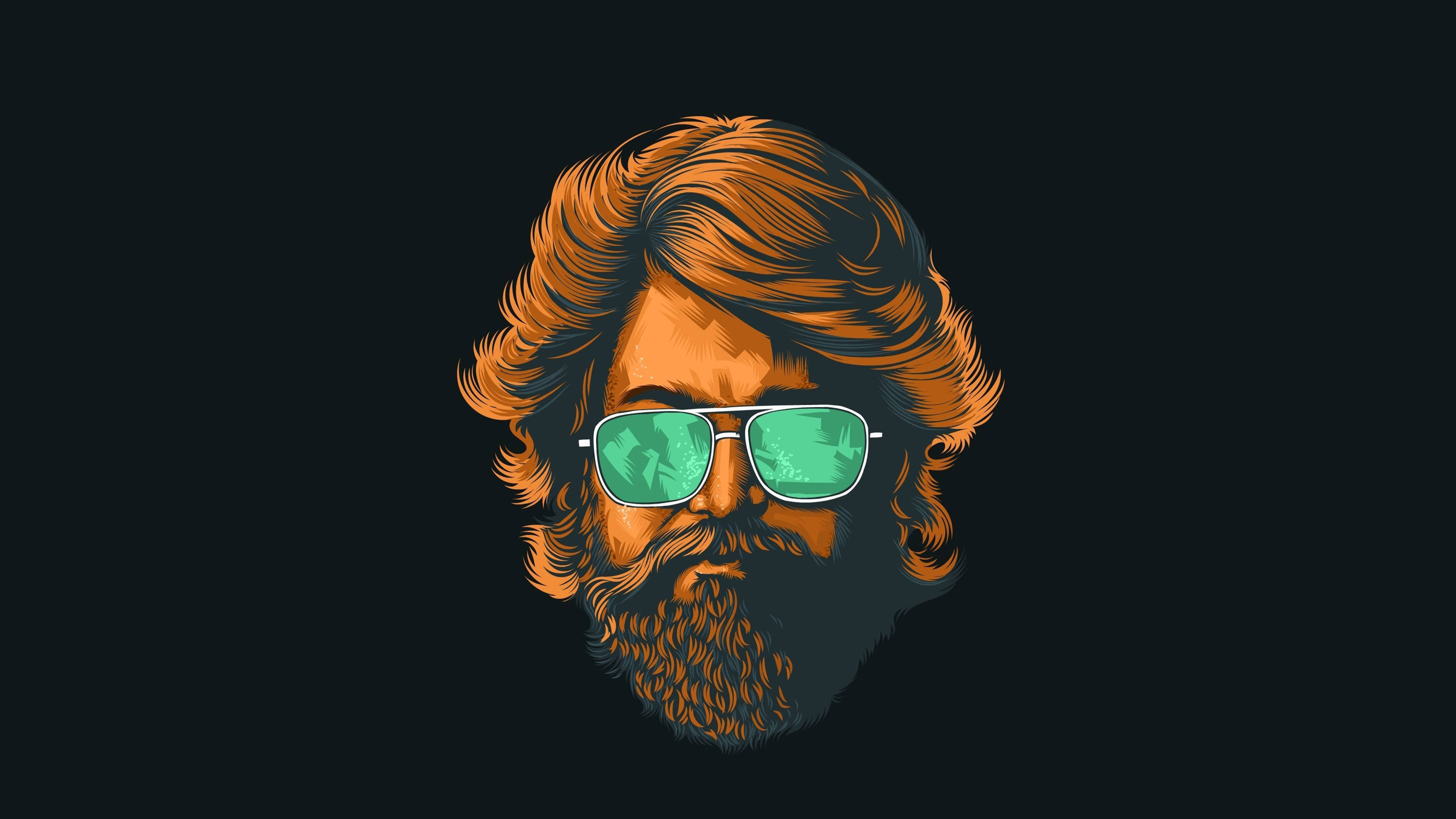 kgf 4K 桌布 壁紙 — 一個風格化的插圖，描繪一位留著鬍鬚、捲髮、戴著反光綠色太陽眼鏡的男子，背景為深色。