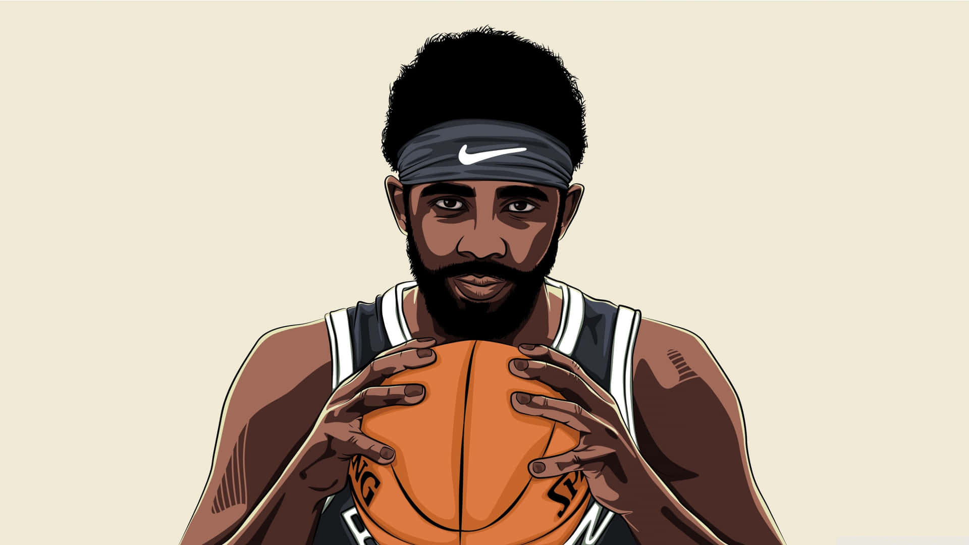 Kyrie Irving Cool 桌布 壁紙 — 一個風格化的插圖，描繪一位留鬍子的籃球運動員，手持橙色球，目光專注，背景為米色。
