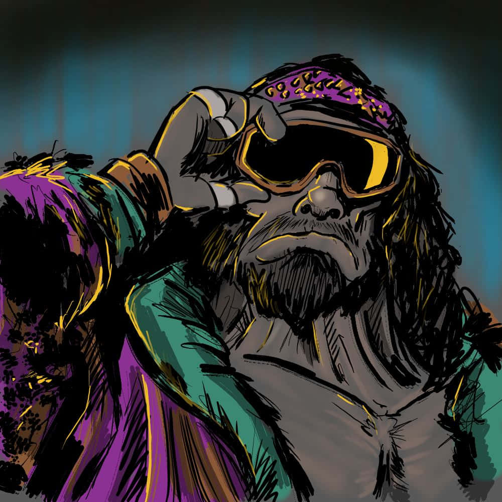 WWE 桌布 壁紙 — 一個風格化的插圖，描繪一位留鬍子的男士戴著太陽眼鏡和頭巾，在青綠色背景上做出手勢。