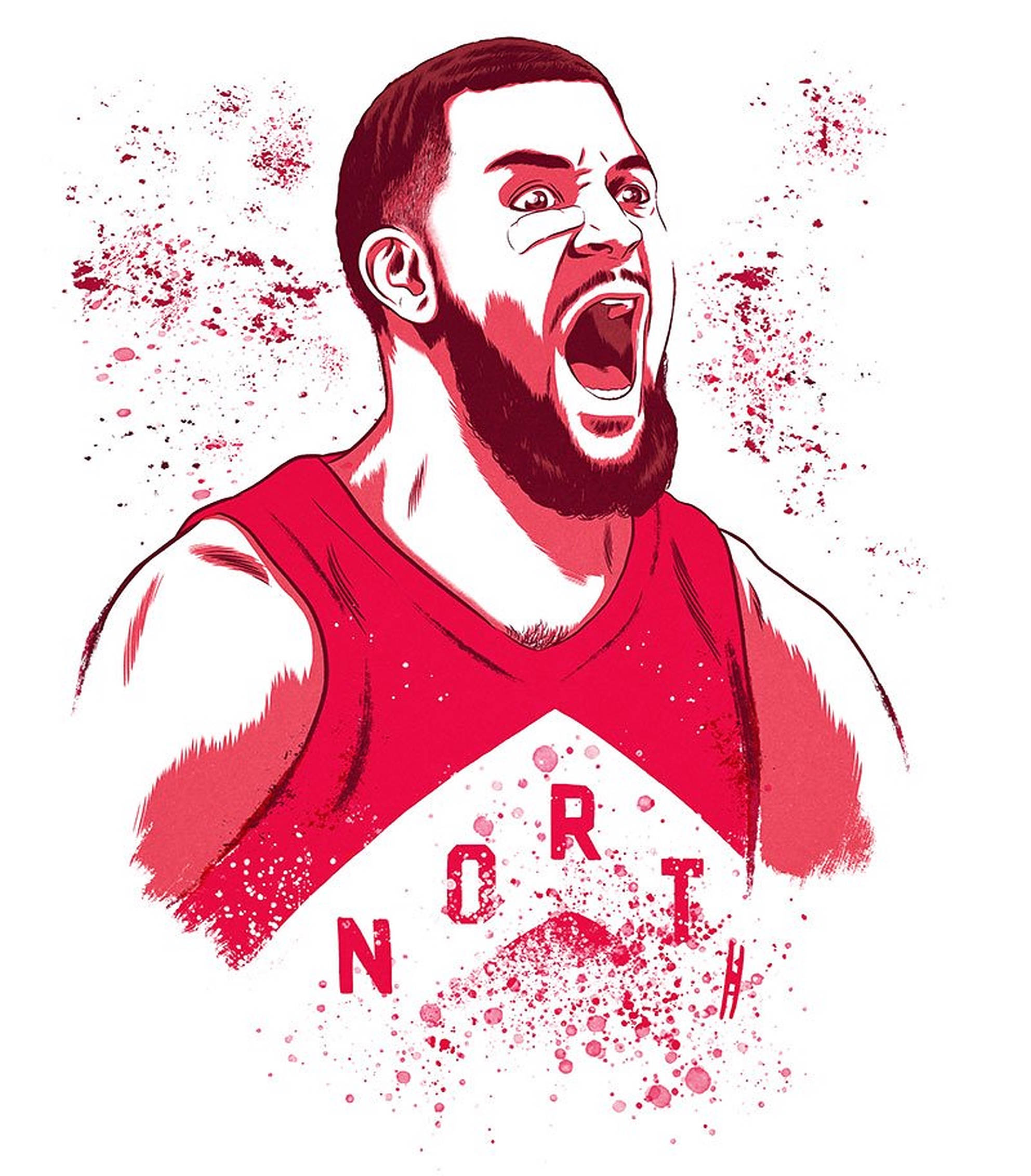 Fred Vanvleet 桌布 壁紙 — 一個風格化的插圖，描繪一位留鬍子的籃球運動員穿著紅色球衣尖叫，周圍有紅色飛濺效果。