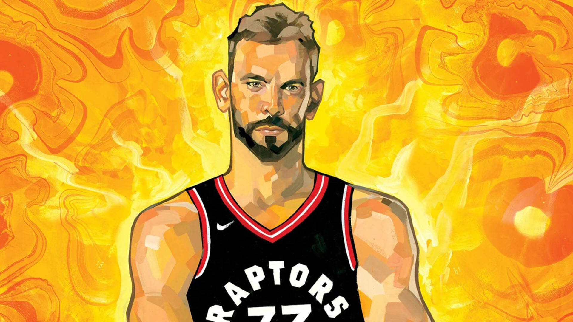 Marc Gasol 桌布 壁紙 — 一個風格化的插圖，描繪一位留鬍子的籃球運動員穿著暴龍隊球衣，背景是熾熱的橙色和黃色漩渦。