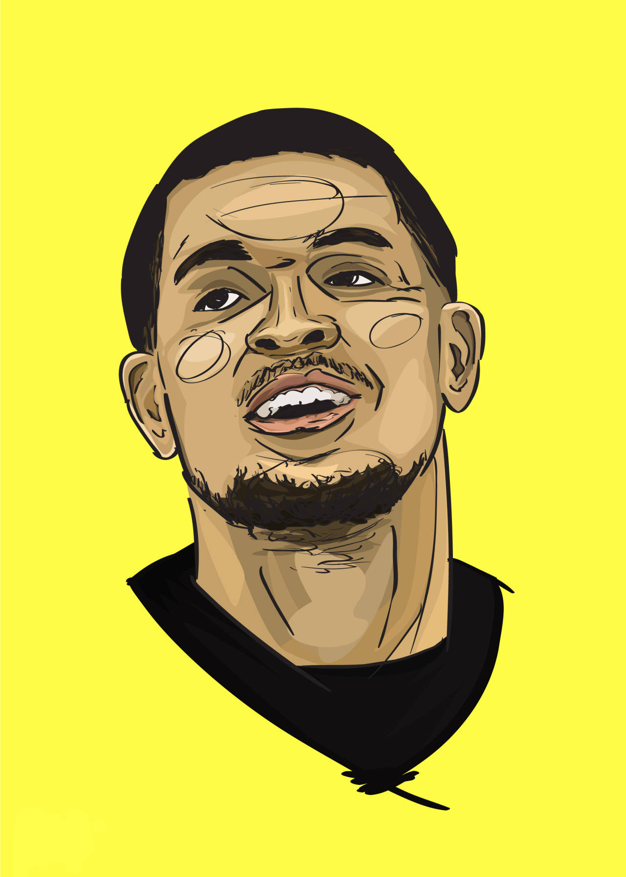 Fred Vanvleet 桌布 壁紙 — 一個風格化的插圖，描繪一位留鬍鬚的微笑男士，背景為明亮的黃色。