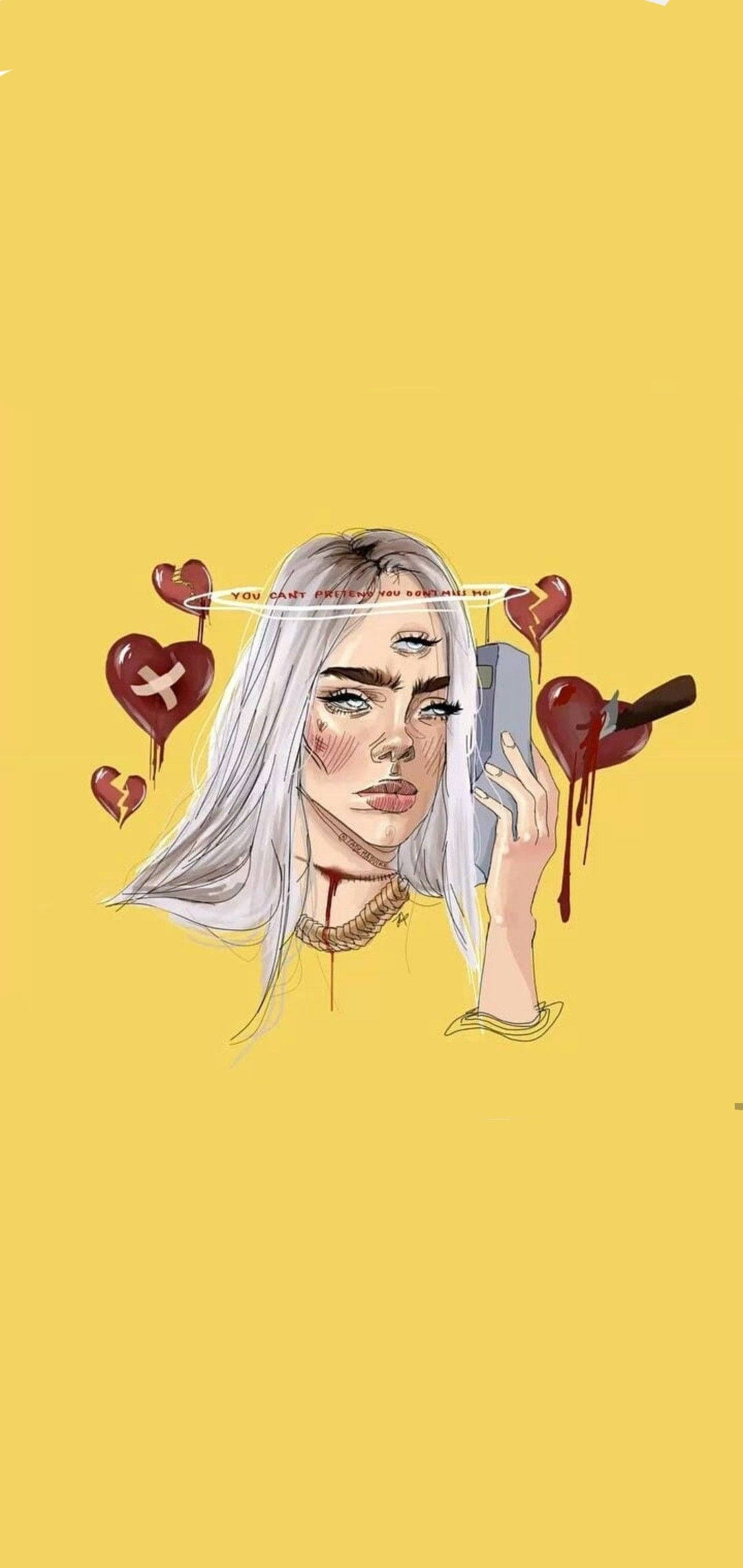 怪奇比莉 桌布 壁紙 — 一個風格化的插圖，描繪一位白髮女性手持電話，周圍環繞著破碎的紅色心形，背景為純黃色。