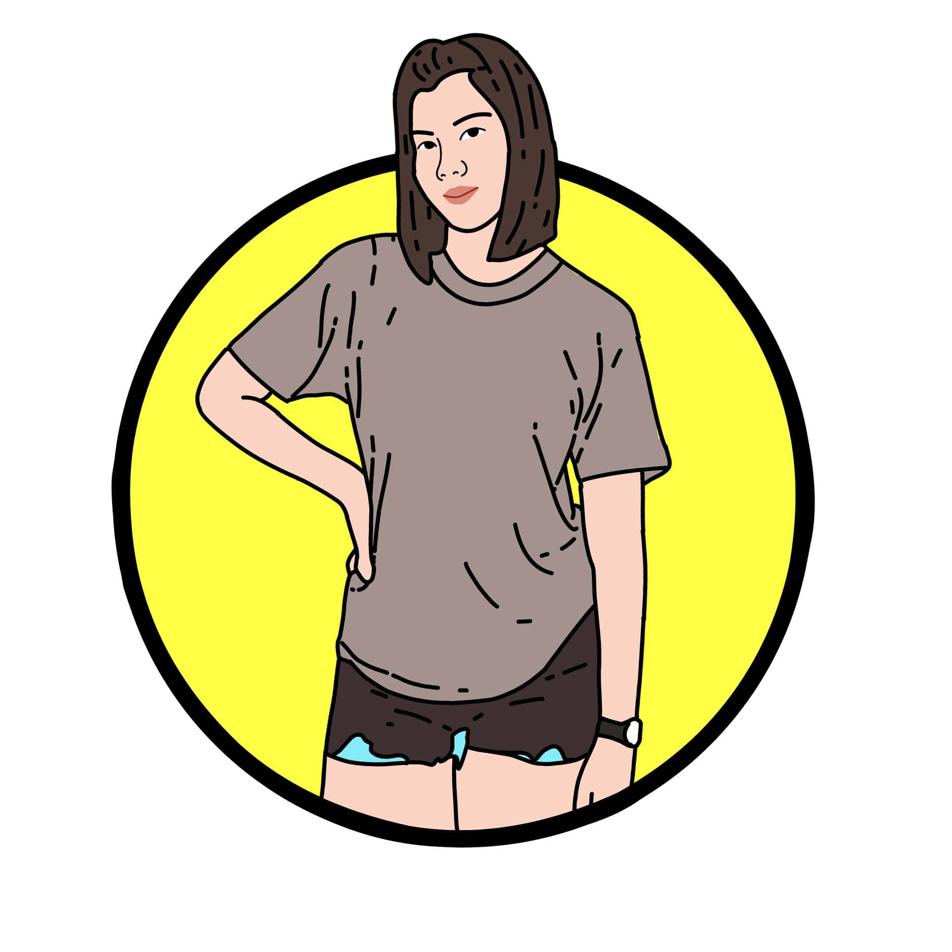 Cartoon 桌布 壁紙 — 一個風格化的插圖，描繪一位短棕髮女性穿著灰色T恤和破洞短褲，背景是明亮的黃色圓形。