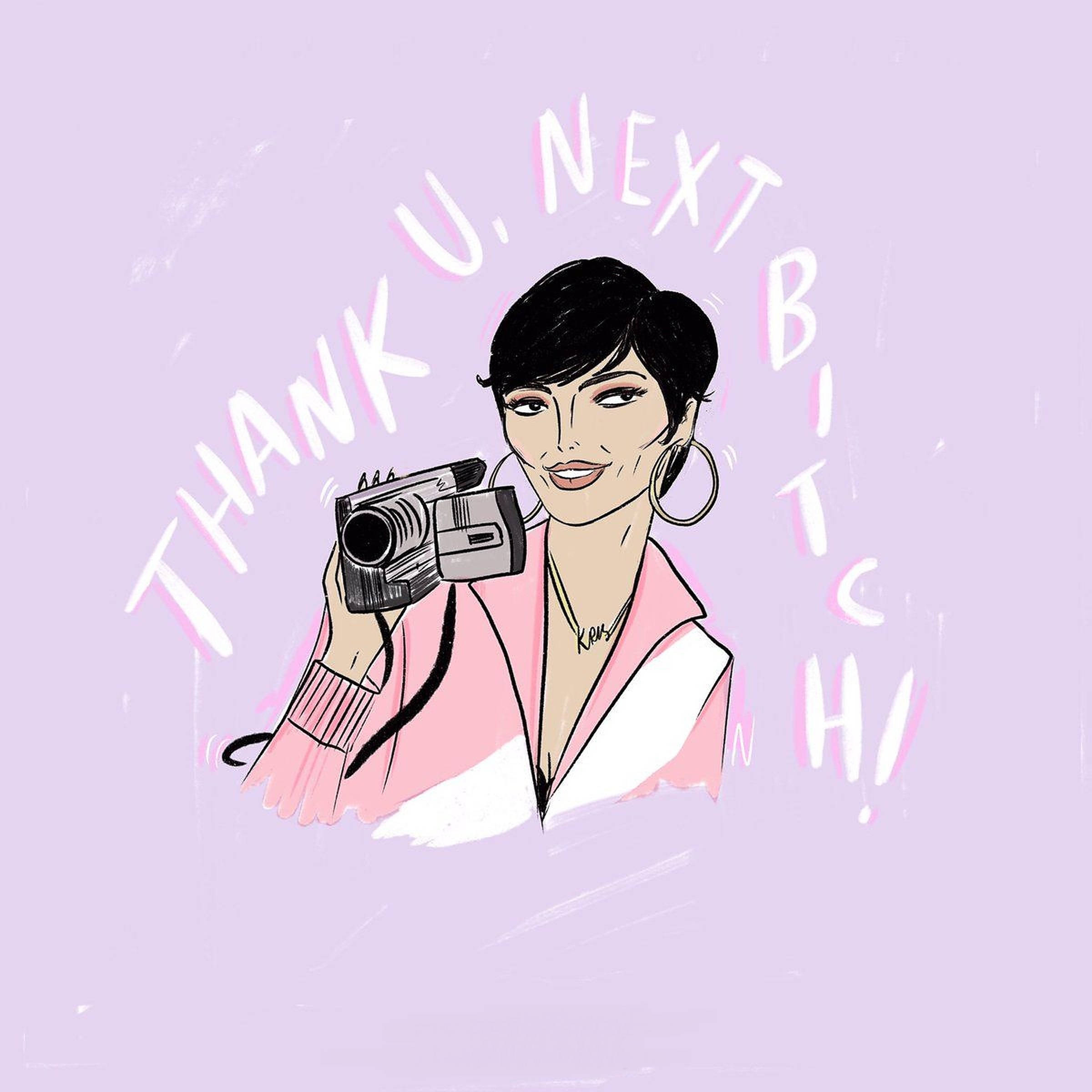 kris 桌布 壁紙 — 一個風格化的插圖，描繪一位短黑髮女性在薰衣草背景前手持攝影機，並配有粗體文字。