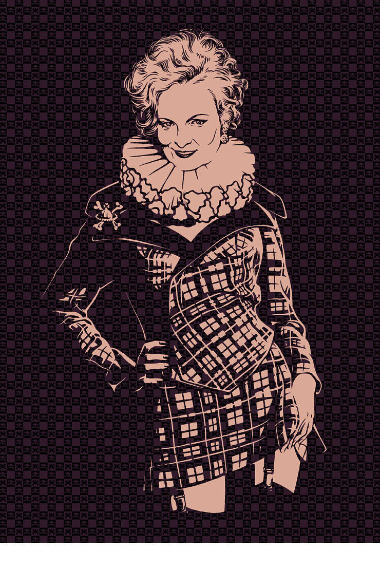 Vivienne Westwood 桌布 壁紙 — 一個風格化的插圖，描繪一位穿著格子裙和荷葉邊領的女性，背景是棋盤格紋。