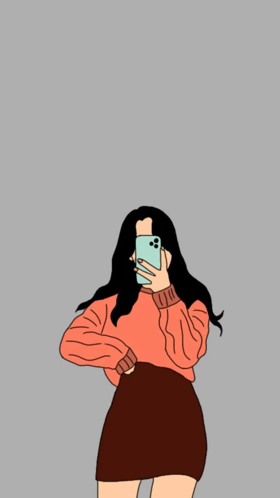 可愛女生 桌布 壁紙 — 一個風格化的插圖，描繪一位穿著橙色毛衣和棕色裙子的女性在純灰色背景前自拍。