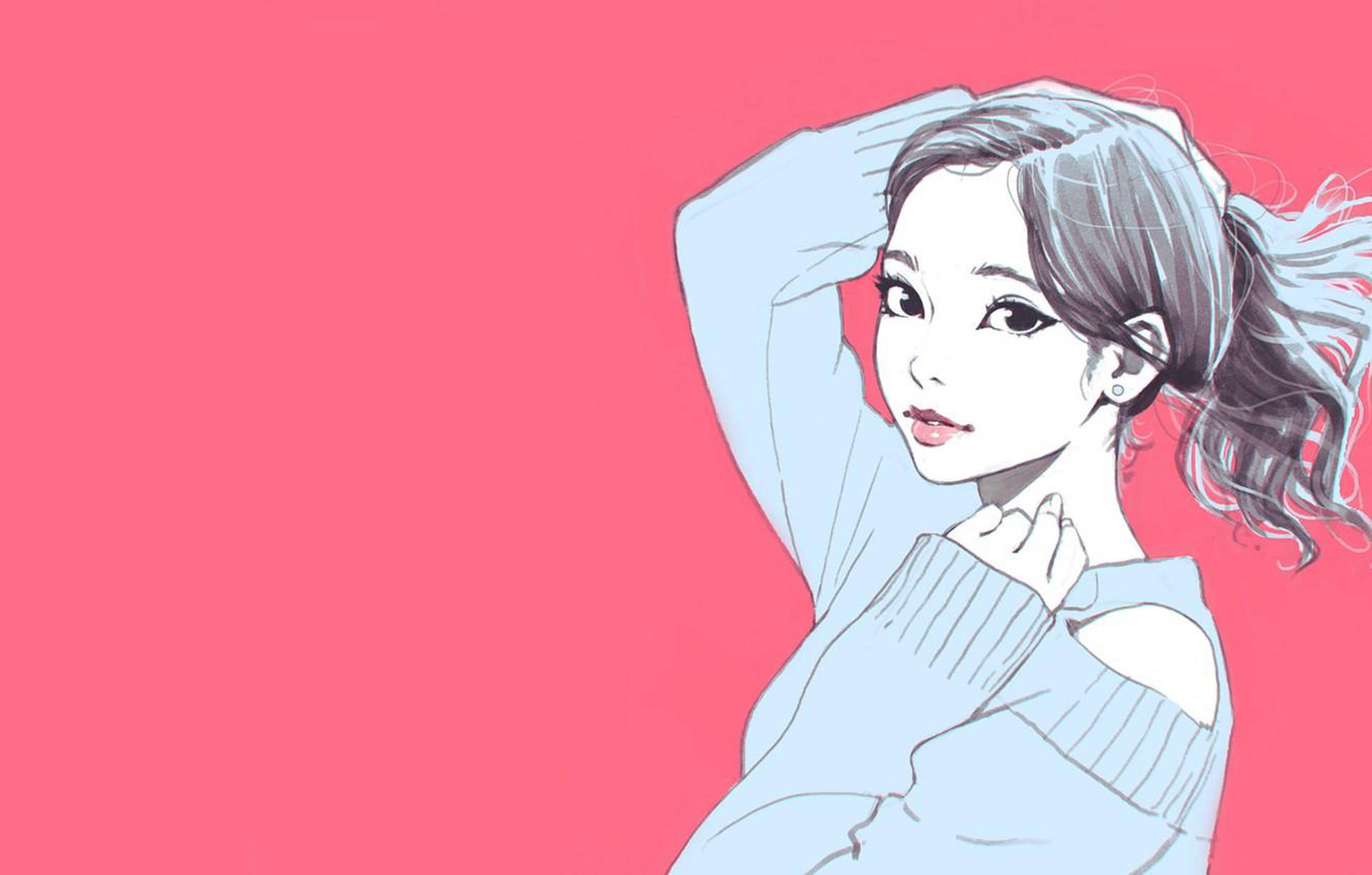 Cool Girl Laptop 桌布 壁紙 — 一個風格化的插圖，描繪一位穿著淺藍色毛衣的年輕女性，背景是充滿活力的粉紅色。