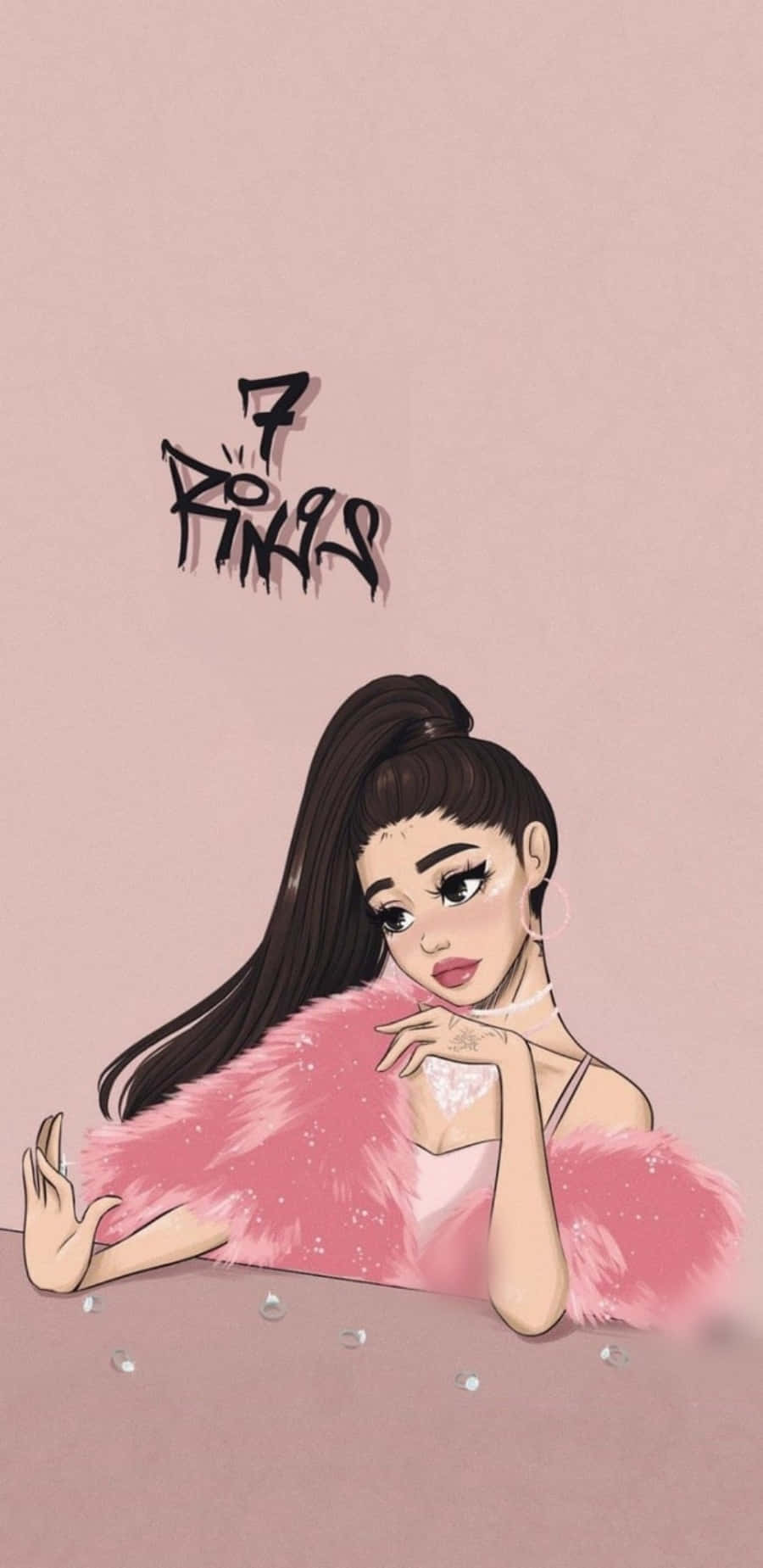 Ariana Grande 7 Rings 桌布 壁紙 — 一個風格化的插圖，描繪一位穿著粉紅色羽毛服裝的女性，上方有「7 Rings」塗鴉，背景為柔和的粉紅色。