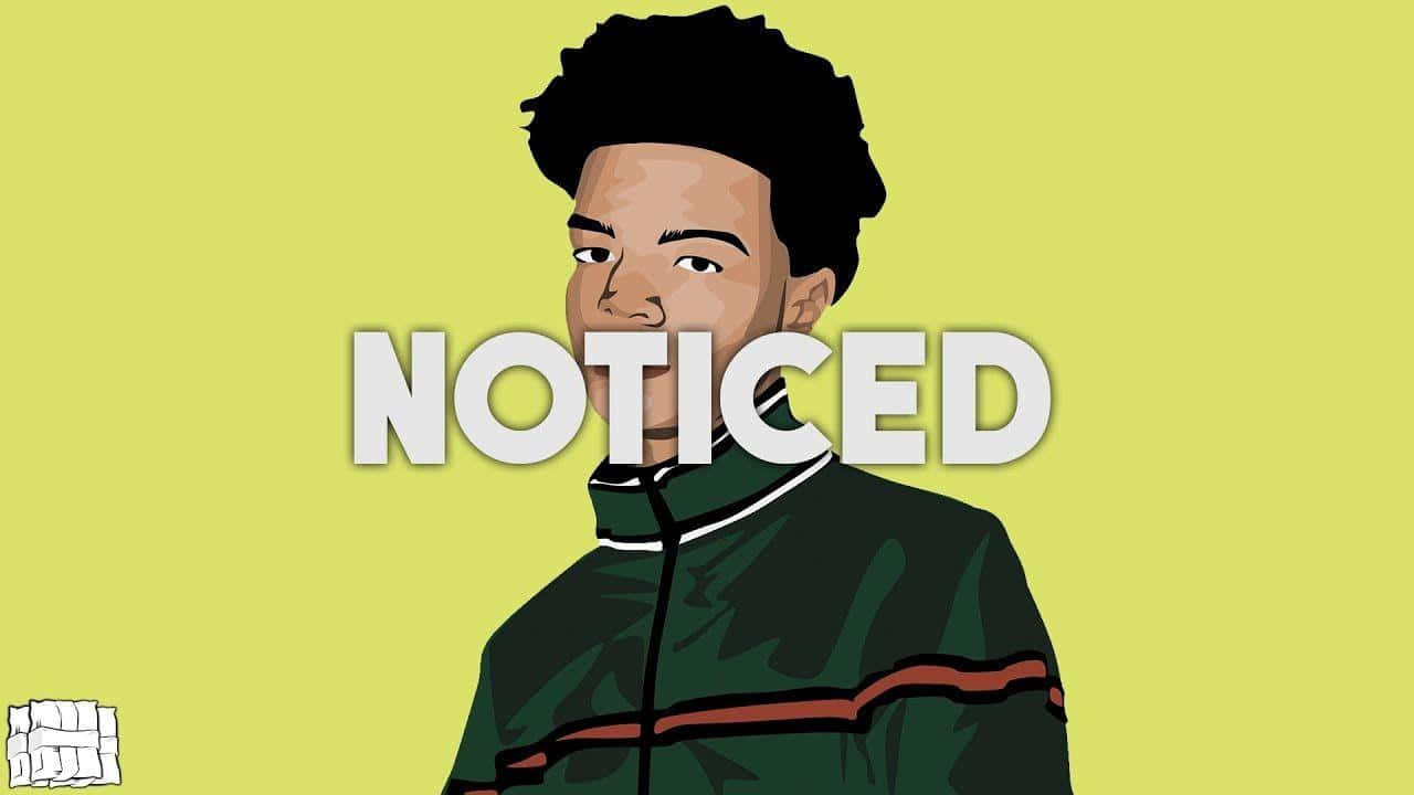 Lil Mosey 桌布 壁紙 — 一個風格化的插圖，描繪一位穿著綠色外套的年輕男子，背景為明亮的黃色，並疊加了「NOTICED」一詞。