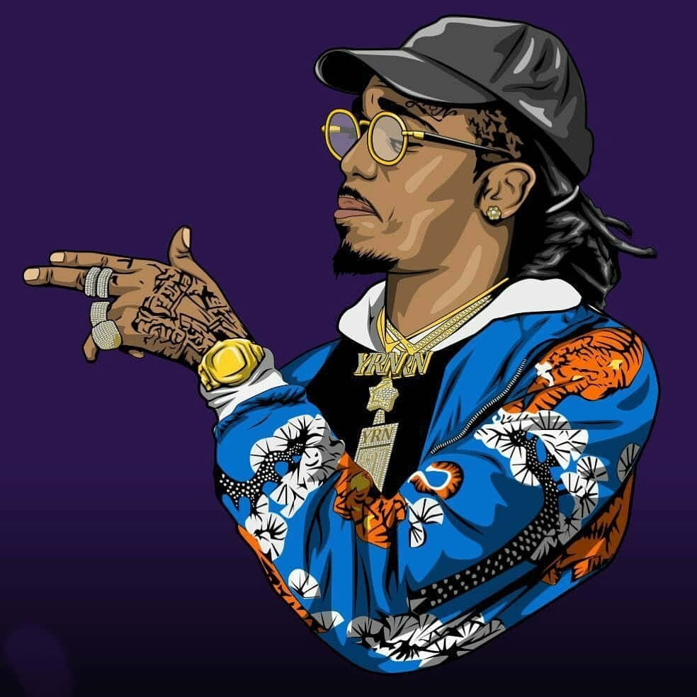 quavo 桌布 壁紙 — 一個風格化的插圖，描繪一位穿著藍色虎紋外套的饒舌歌手，在深紫色背景前自信地指著。