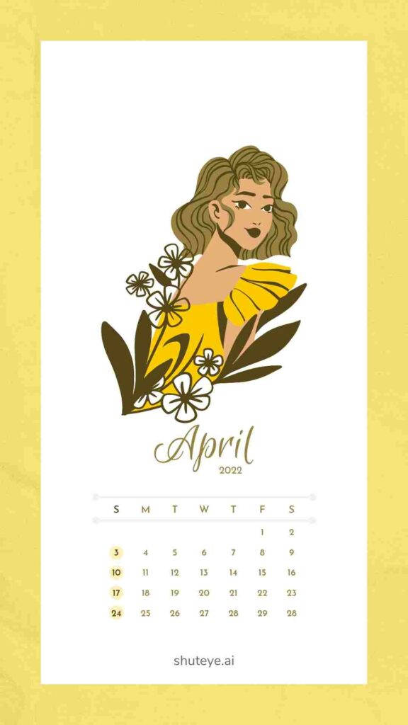 April 桌布 壁紙 — 一個風格化的插圖，描繪一位穿著黃色連衣裙的女子，被花朵環繞，出現在2022年4月的日曆上。