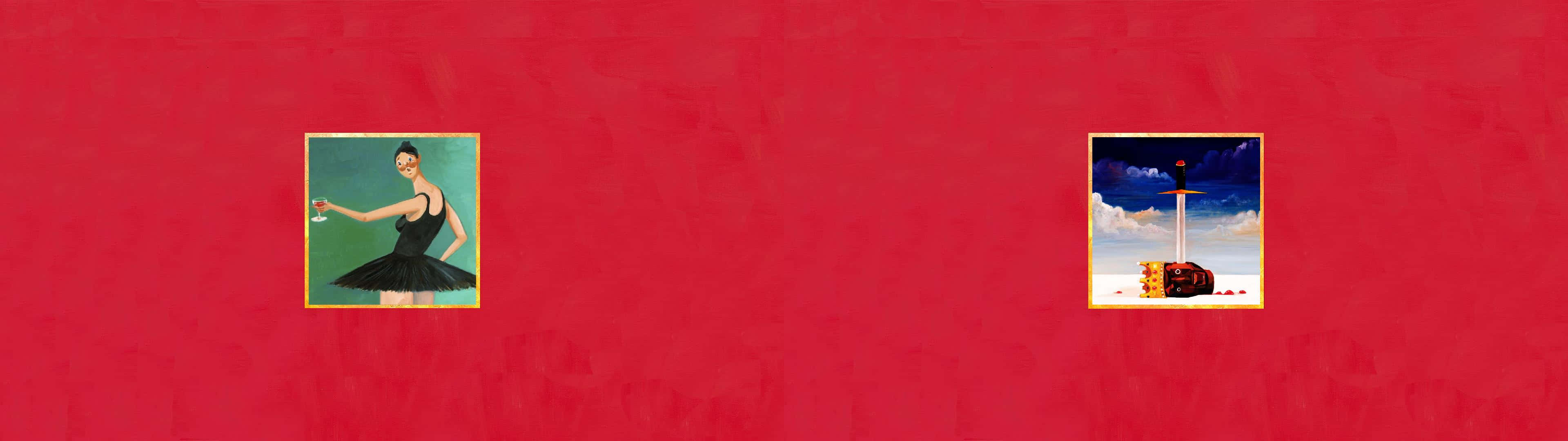 My Beautiful Dark Twisted Fantasy 桌布 壁紙 — 一個風格化的插圖，描繪一位穿著黑色芭蕾舞裙的芭蕾舞者手持紅玫瑰，旁邊有一個超現實的漂浮寶箱，背景是充滿活力的紅色紋理背景。