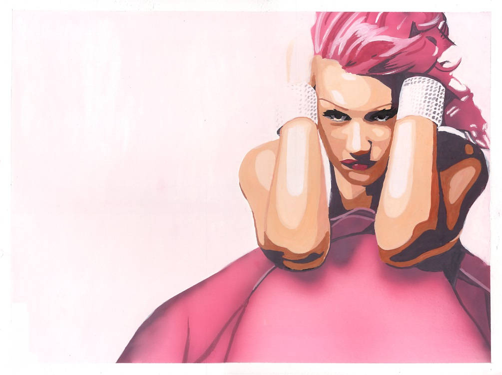 Stefani 桌布 壁紙 — 一個風格化的插圖，描繪一位粉紅色頭髮、戴著手套遮住耳朵的女性，背景為柔和的粉紅色。
