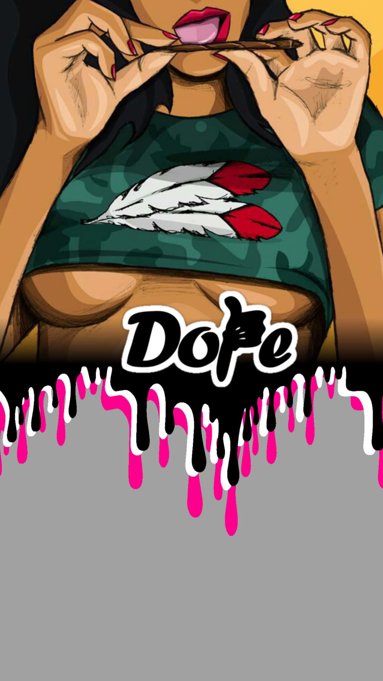 Dope Ps4 桌布 壁紙 — 一個風格化的插圖，描繪一位紅唇、塗指甲油的女性，在充滿活力的粉紅色和黑色滴落背景前拿著小雪茄。