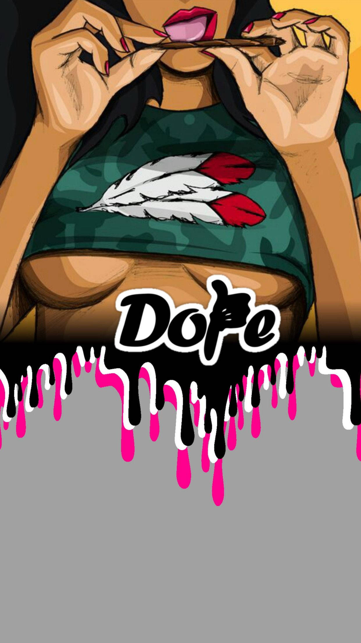 Cool Dope 桌布 壁紙 — 一個風格化的插圖，描繪一位紅唇、塗指甲油的女性，手持一支雪茄，下方有滴落的「Dope」標誌。