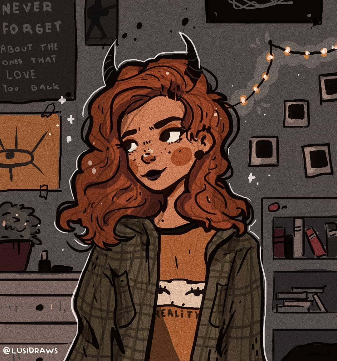 Grunge Cartoon 桌布 壁紙 — 一個風格化的插圖，描繪一位紅髮、頭上有小角的年輕女性，身處一個有串燈和牆壁藝術的舒適房間。