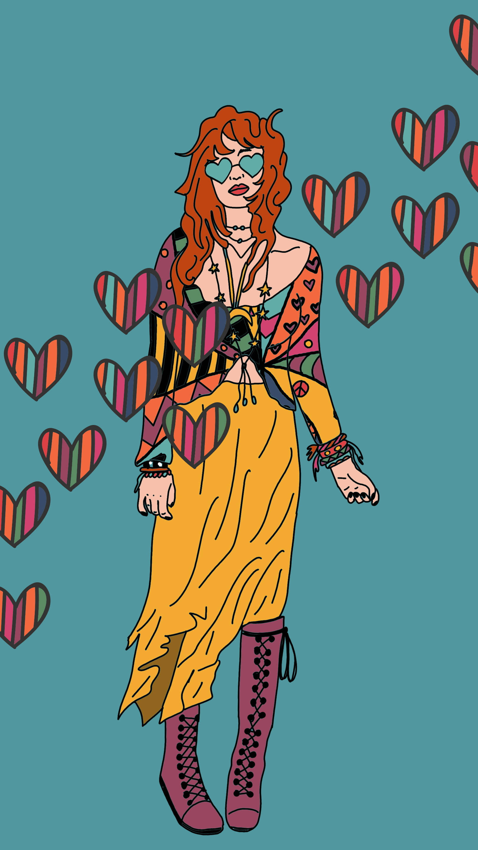 iPhone 桌布 壁紙 — 一個風格化的插圖，描繪一位紅髮女性穿著心形圖案服裝和太陽眼鏡，在青綠色背景上被彩色條紋心形包圍。