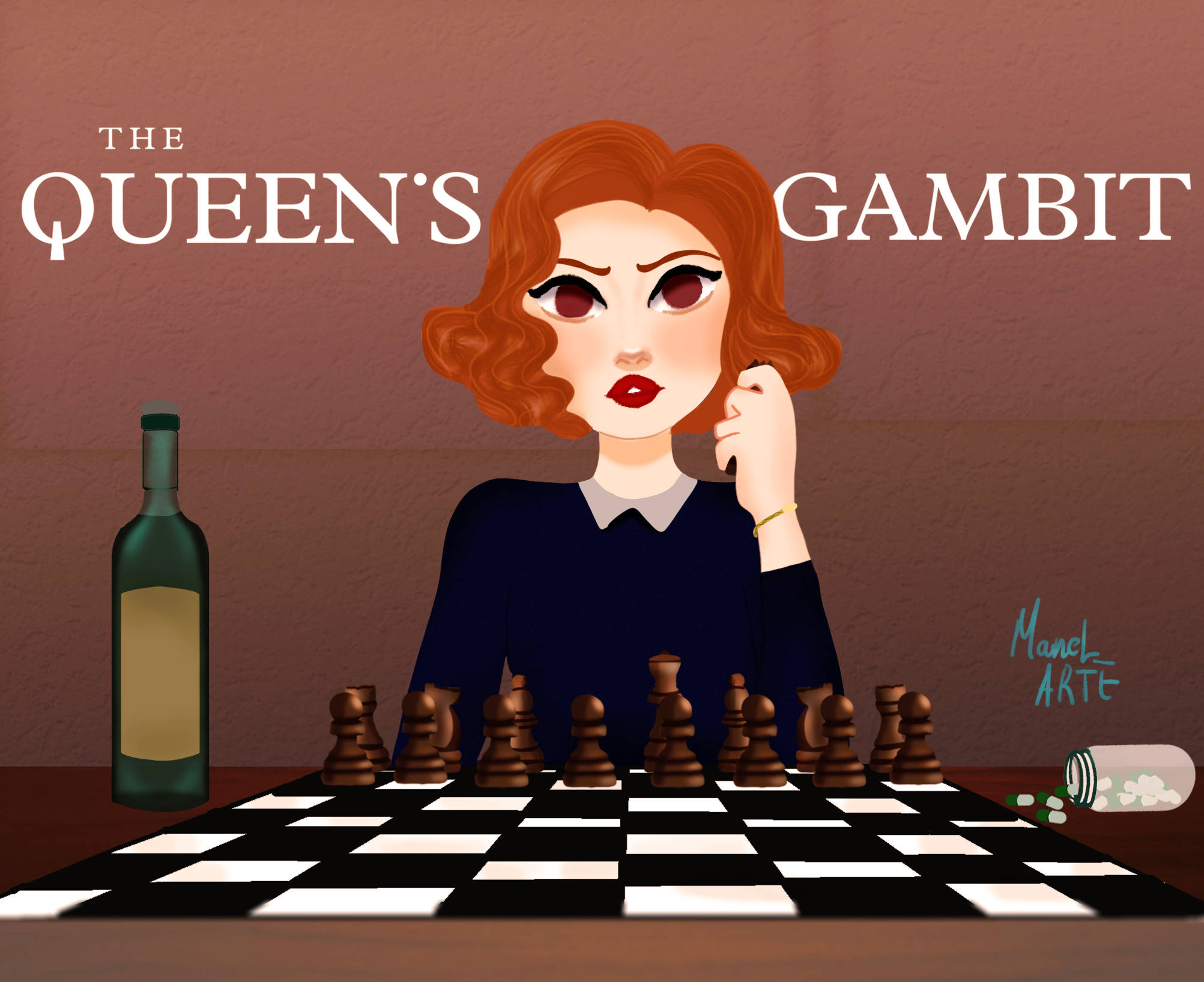 Gambit 桌布 壁紙 — 一個風格化的插圖，描繪一位紅髮女子正在沉思棋盤，附近有酒瓶和藥丸。